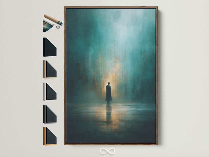 Teal and gold artwork showing a solitary figure silhouette with a warm glow and reflection on the floor