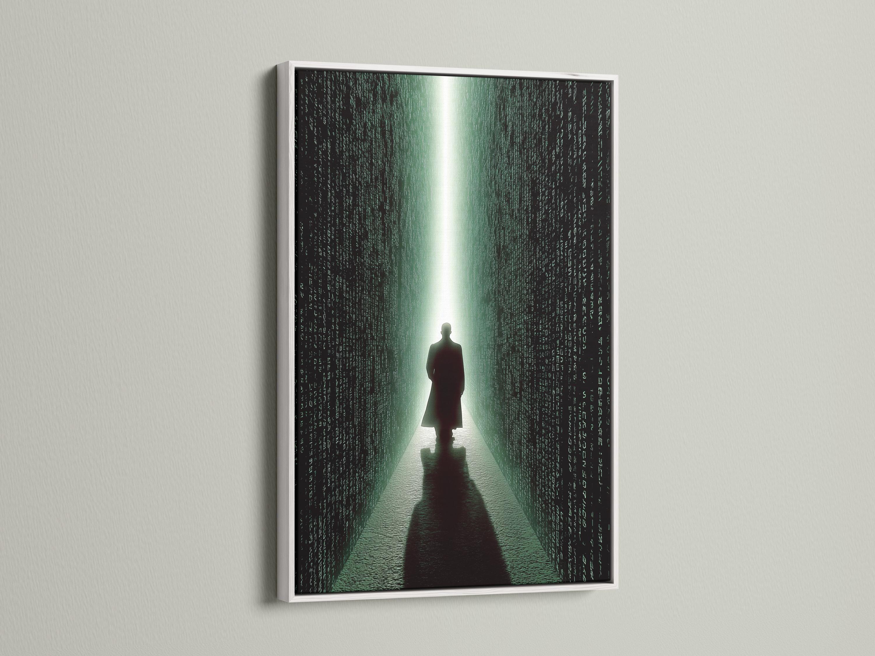 Room scene showing neon green cyberpunk corridor artwork with code-like characters