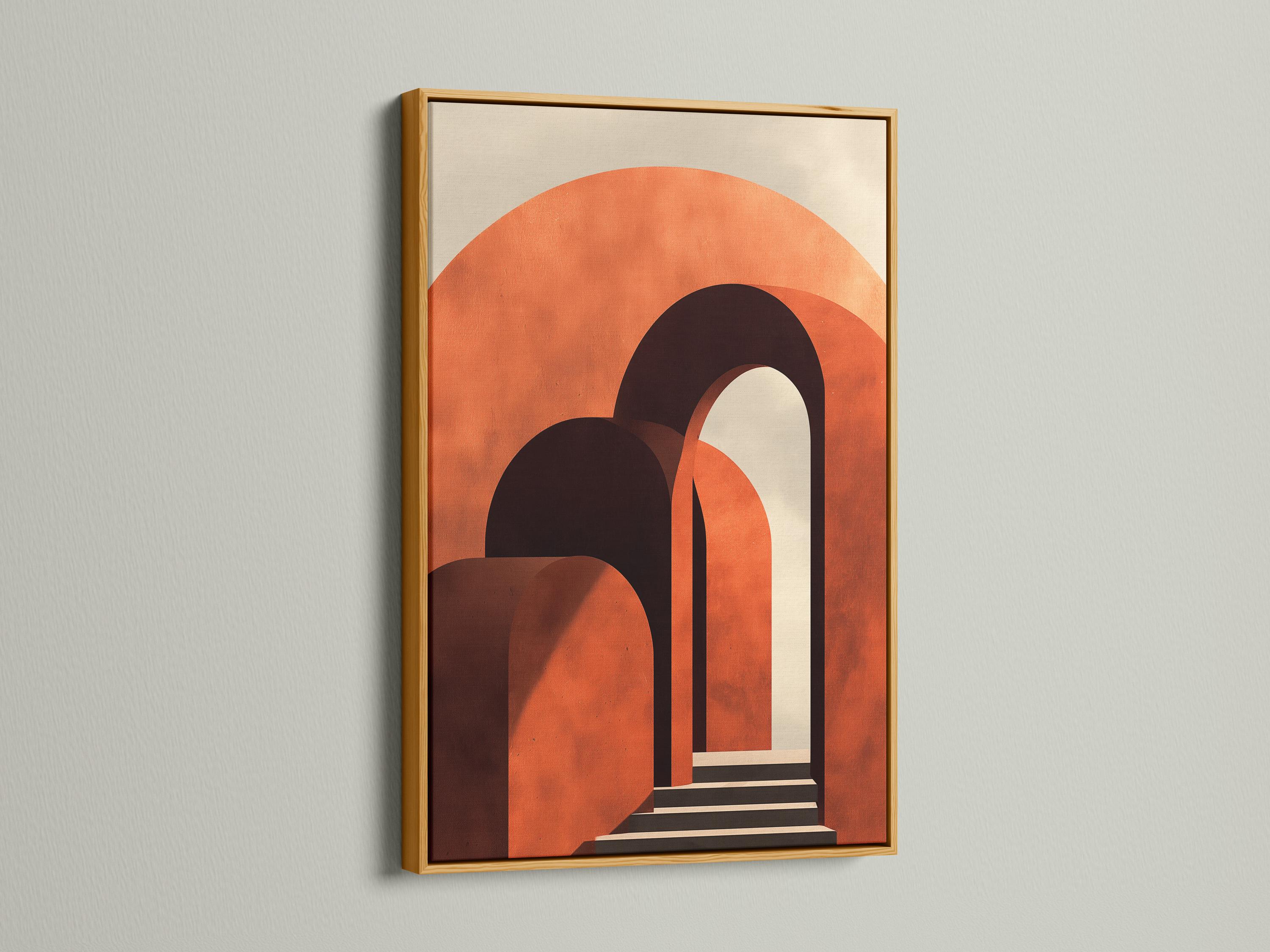 Abstract geometric archway artwork with burnt orange curves and dark charcoal doorway shapes detail view