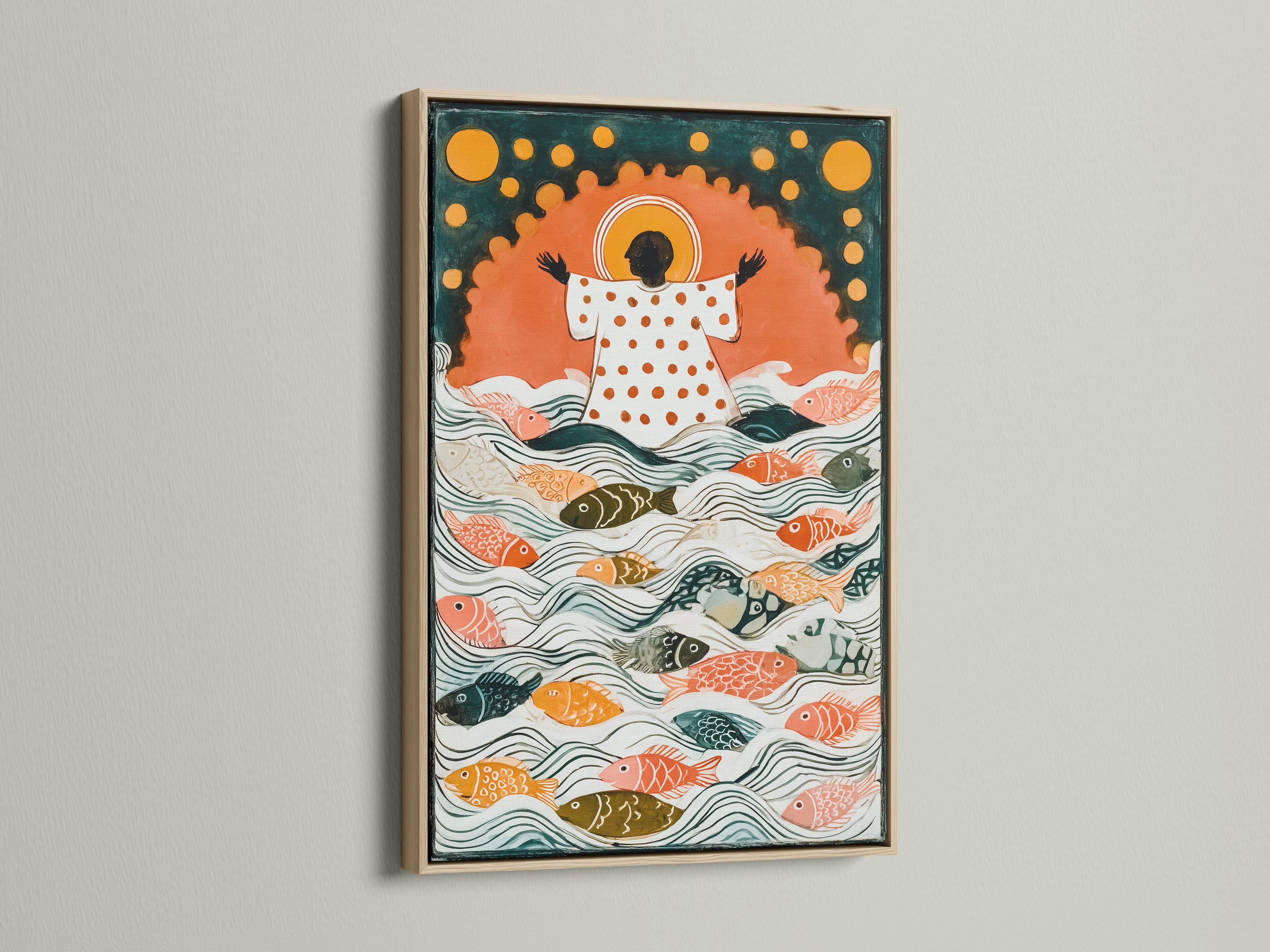 Illustrated underwater scene with many colourful fish swimming in teal and cream waves detail view