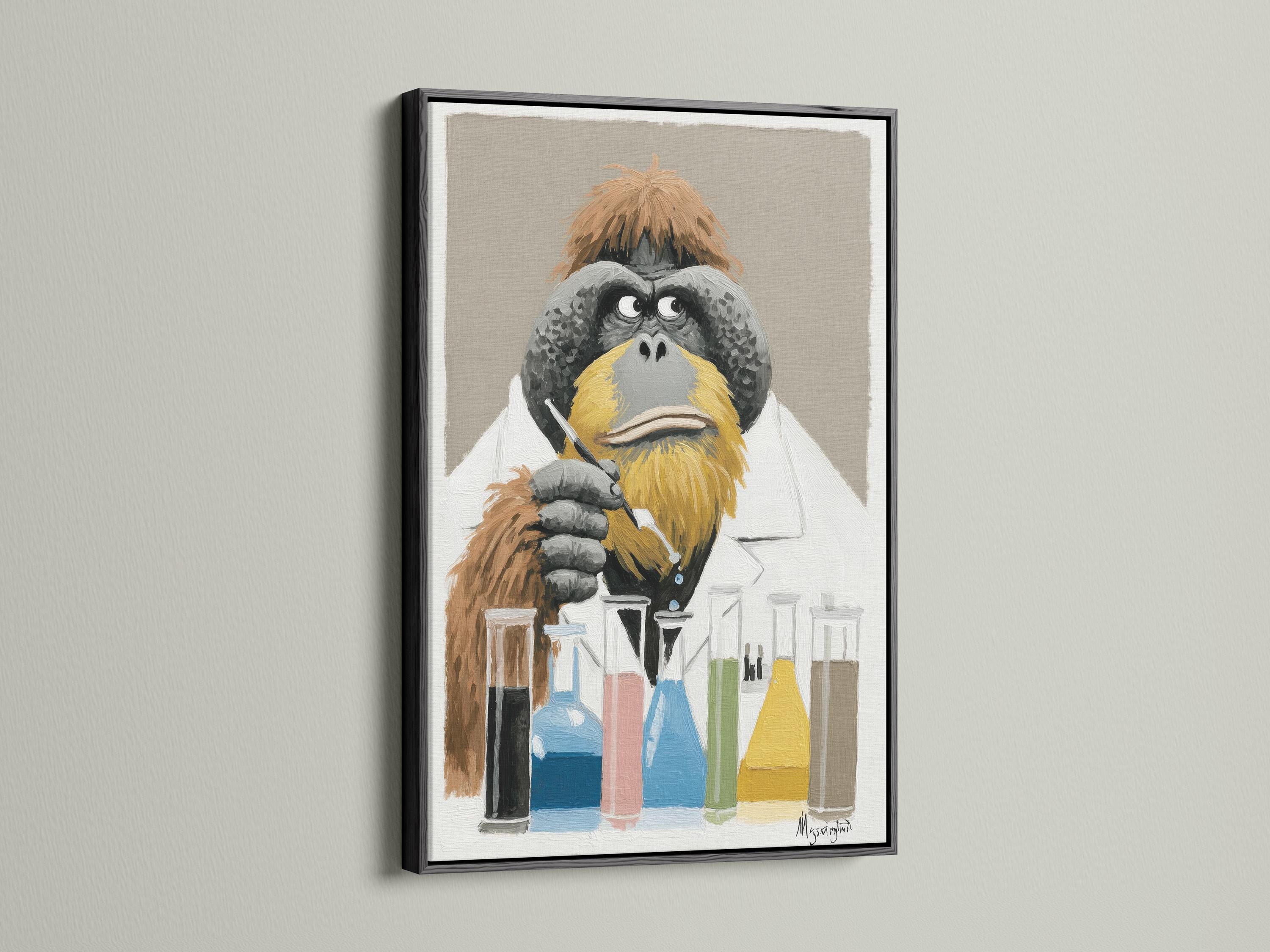 Painterly ape scientist in a white lab coat holding a marker-like tool with colourful lab bottles and beakers below detail view