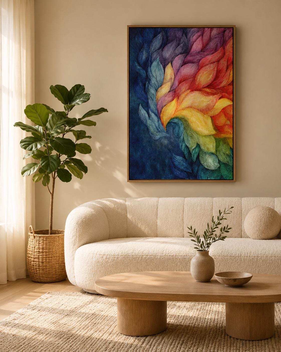Person standing beside a framed rainbow abstract artwork in a bright room