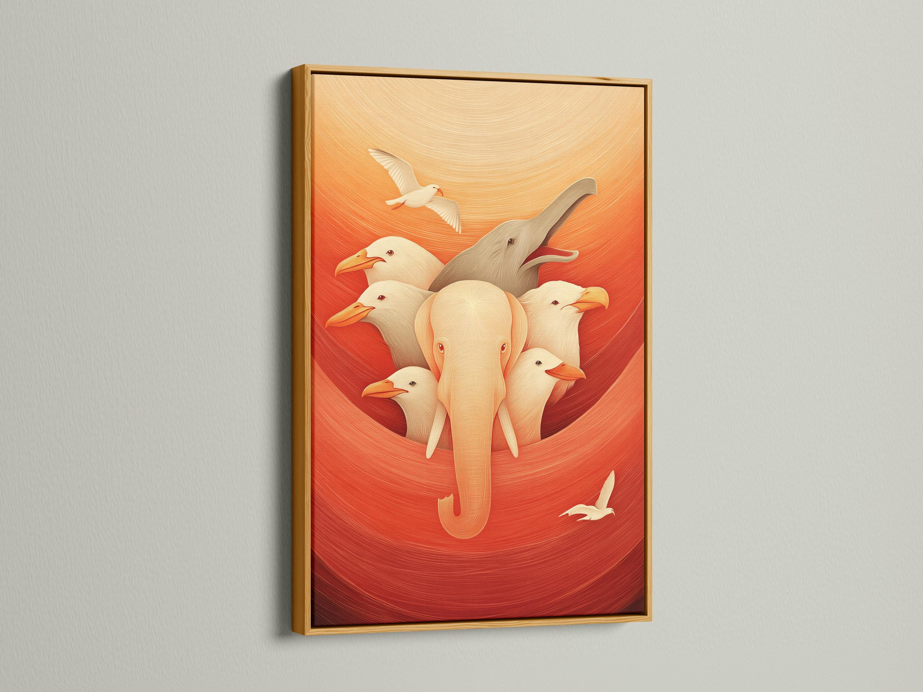 Elephant and bird wall art in a framed artwork mockup on a light background