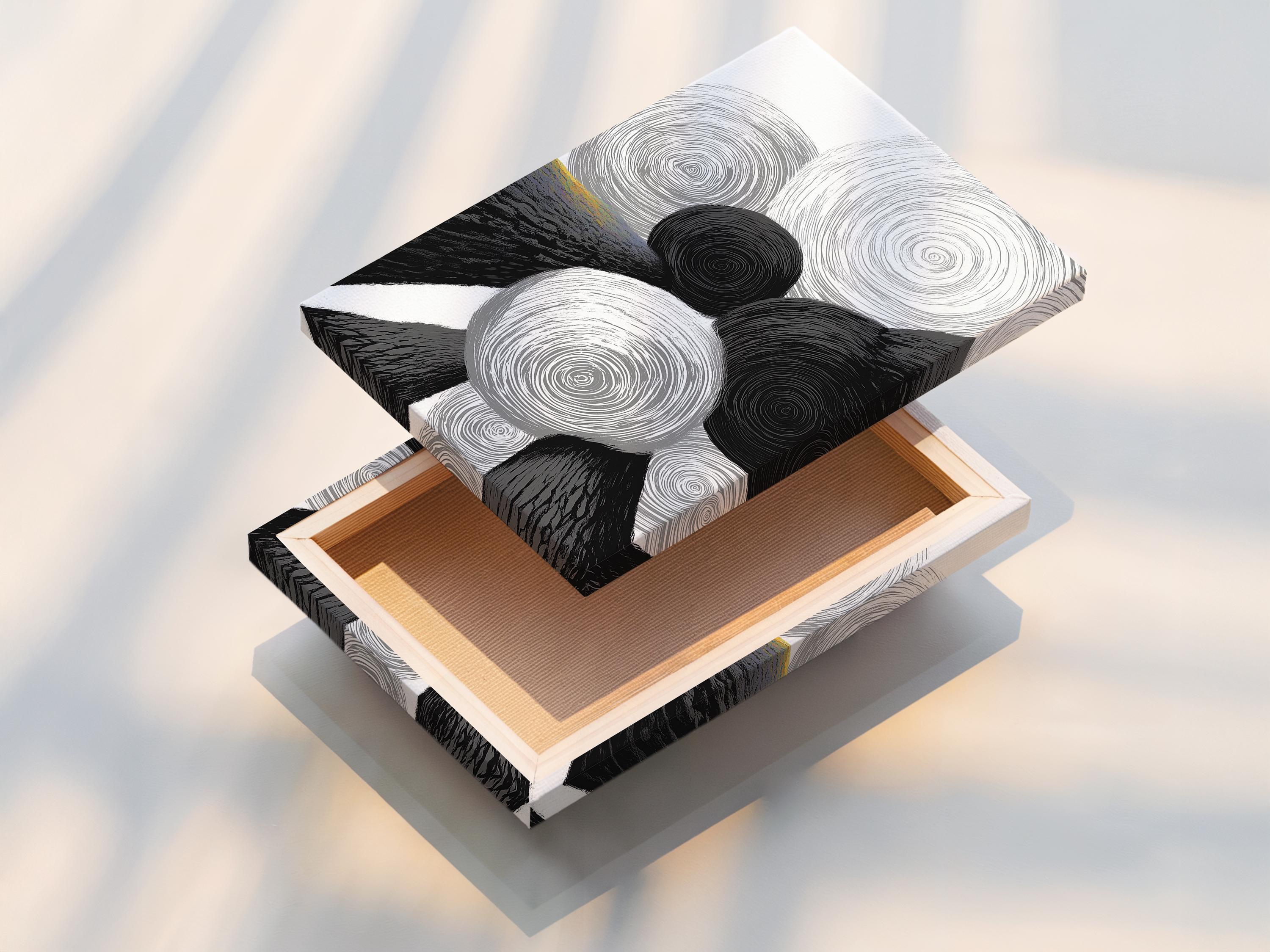 Monochrome abstract artwork with overlapping swirling rings in black, white and grey detail view