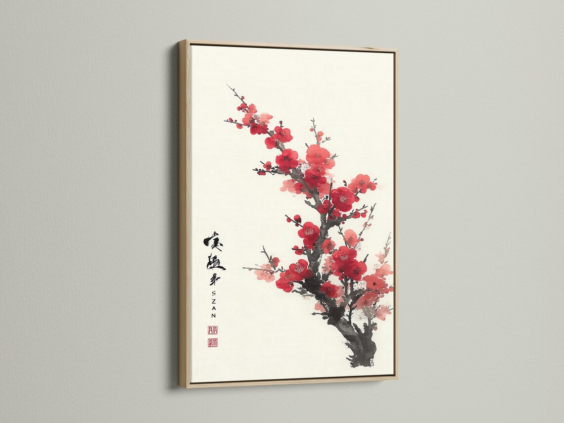 Red and pink plum blossoms on a black ink tree branch with vertical calligraphy and a red seal detail view
