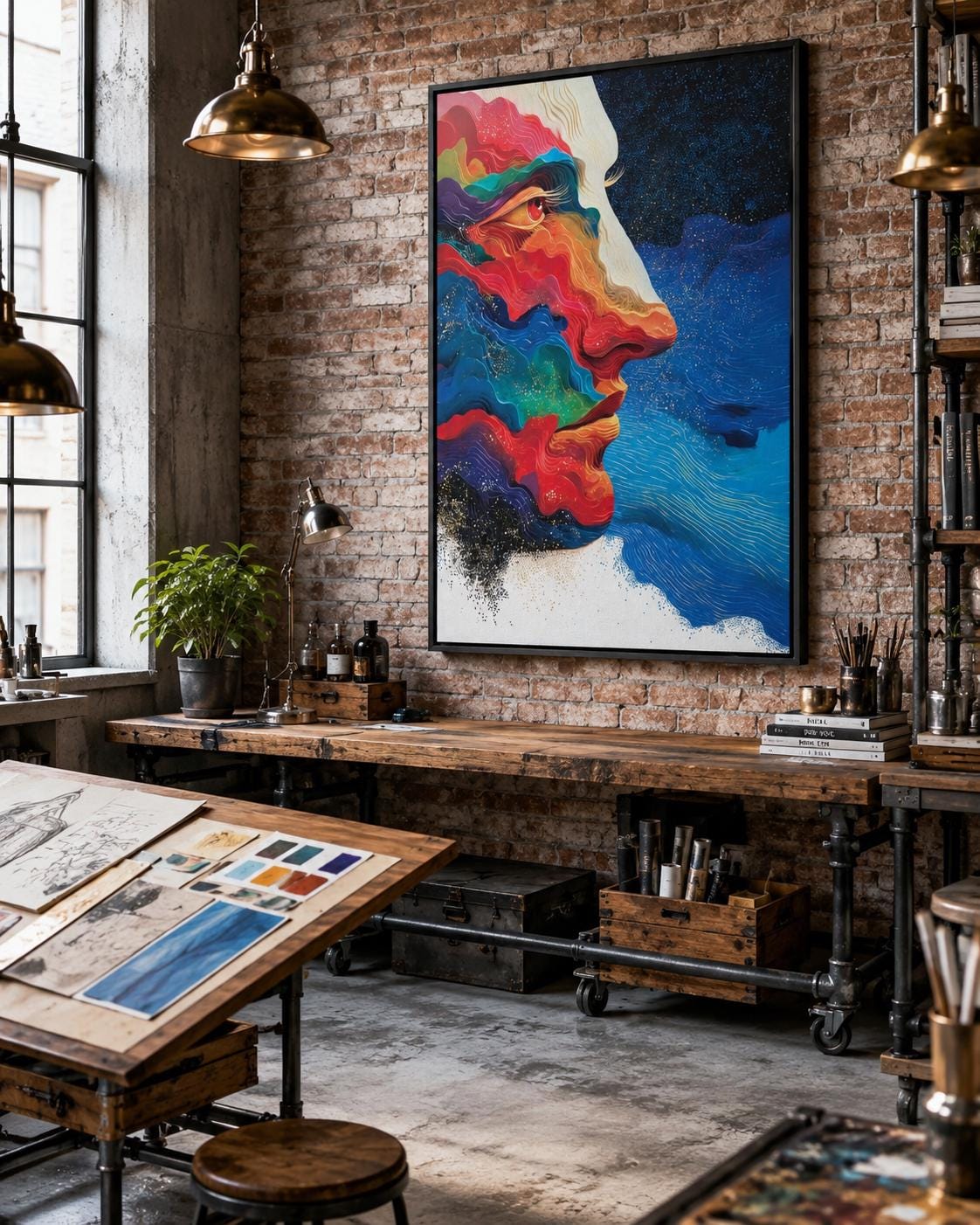 Abstract face in side profile with flowing red, blue and teal shapes and warm gold highlights on a dark starry background detail view