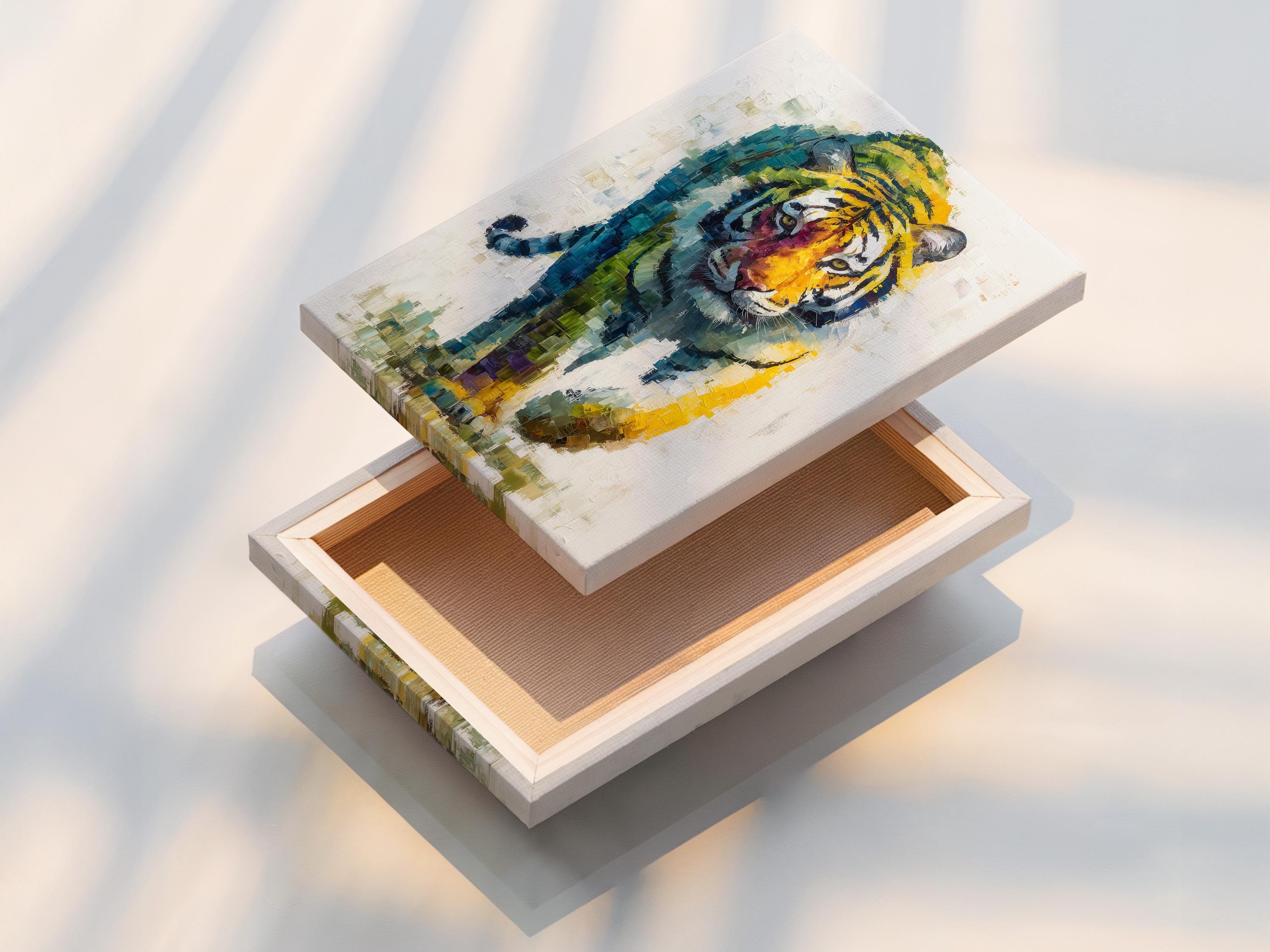 A painterly tiger portrait with layered blue, green and yellow mosaic-like brush strokes detail view