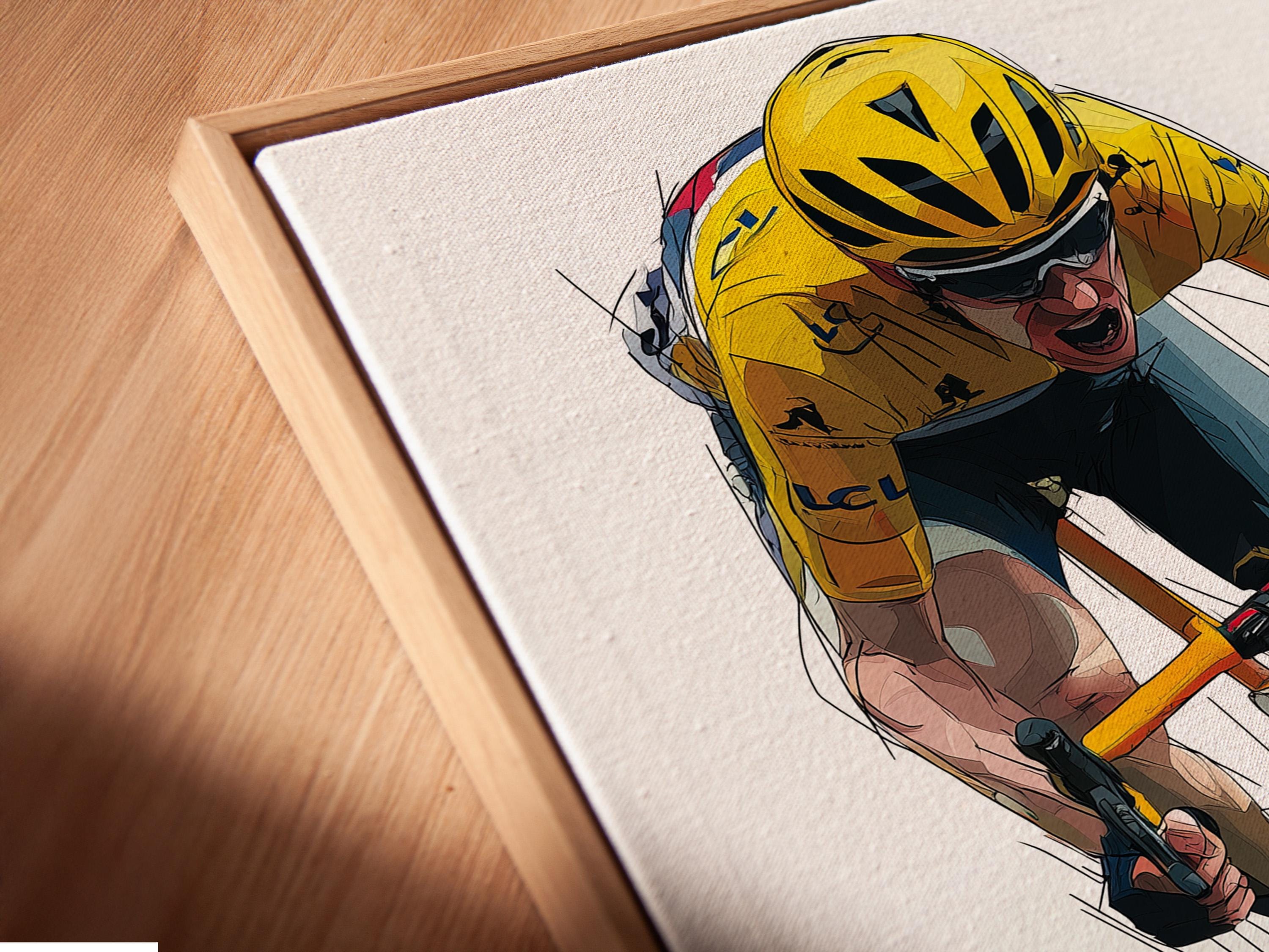 Stylised yellow cyclist riding a bicycle diagonally with motion lines detail view
