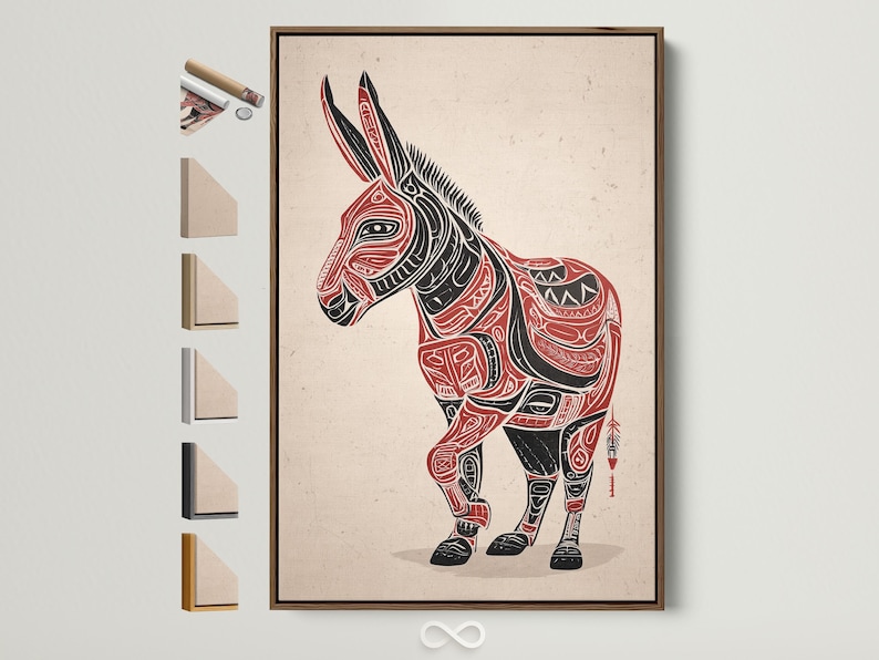Stylised donkey illustration in black and red with patterned line details on an off-white textured background