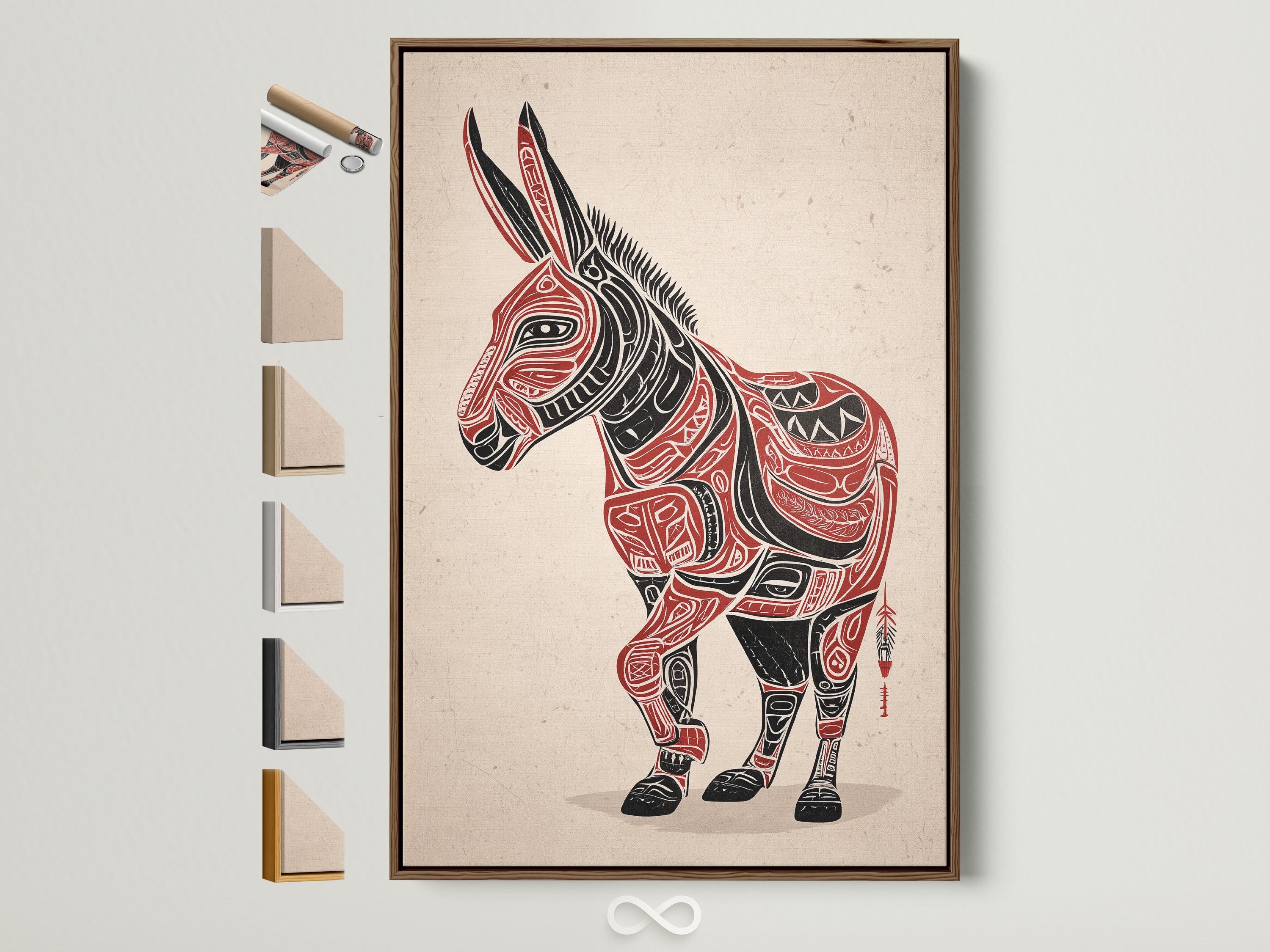 Stylised donkey illustration in black and red with patterned line details on an off-white textured background