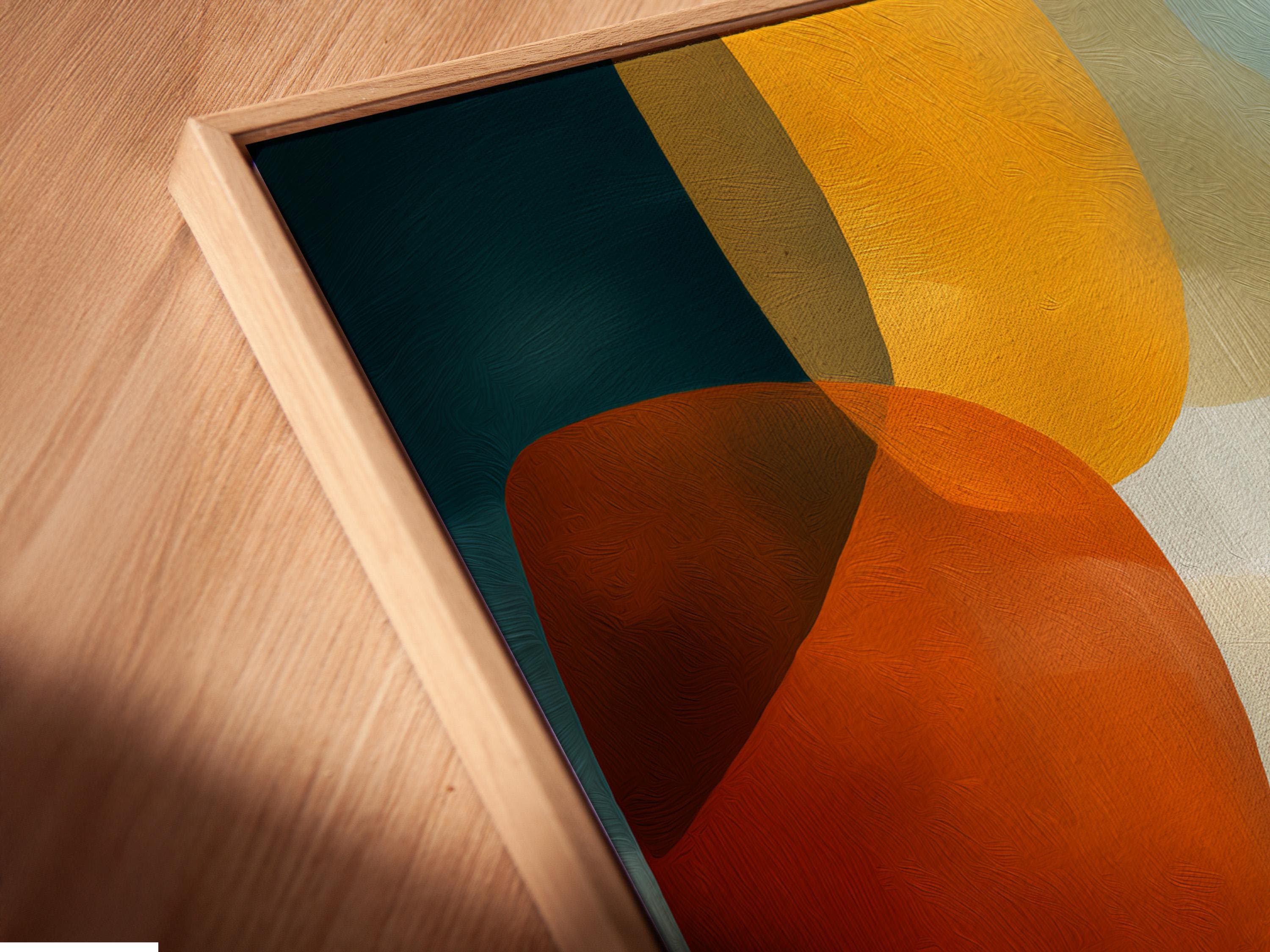 Room mockup showing a framed abstract geometric artwork with teal and mustard shapes