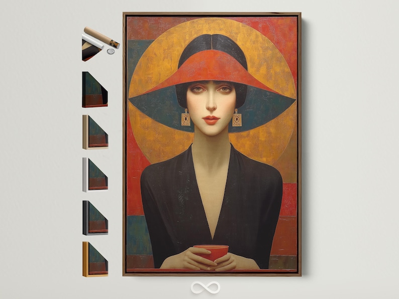 Stylised woman portrait in a dark hat with Art Deco geometric shapes in gold, red and black