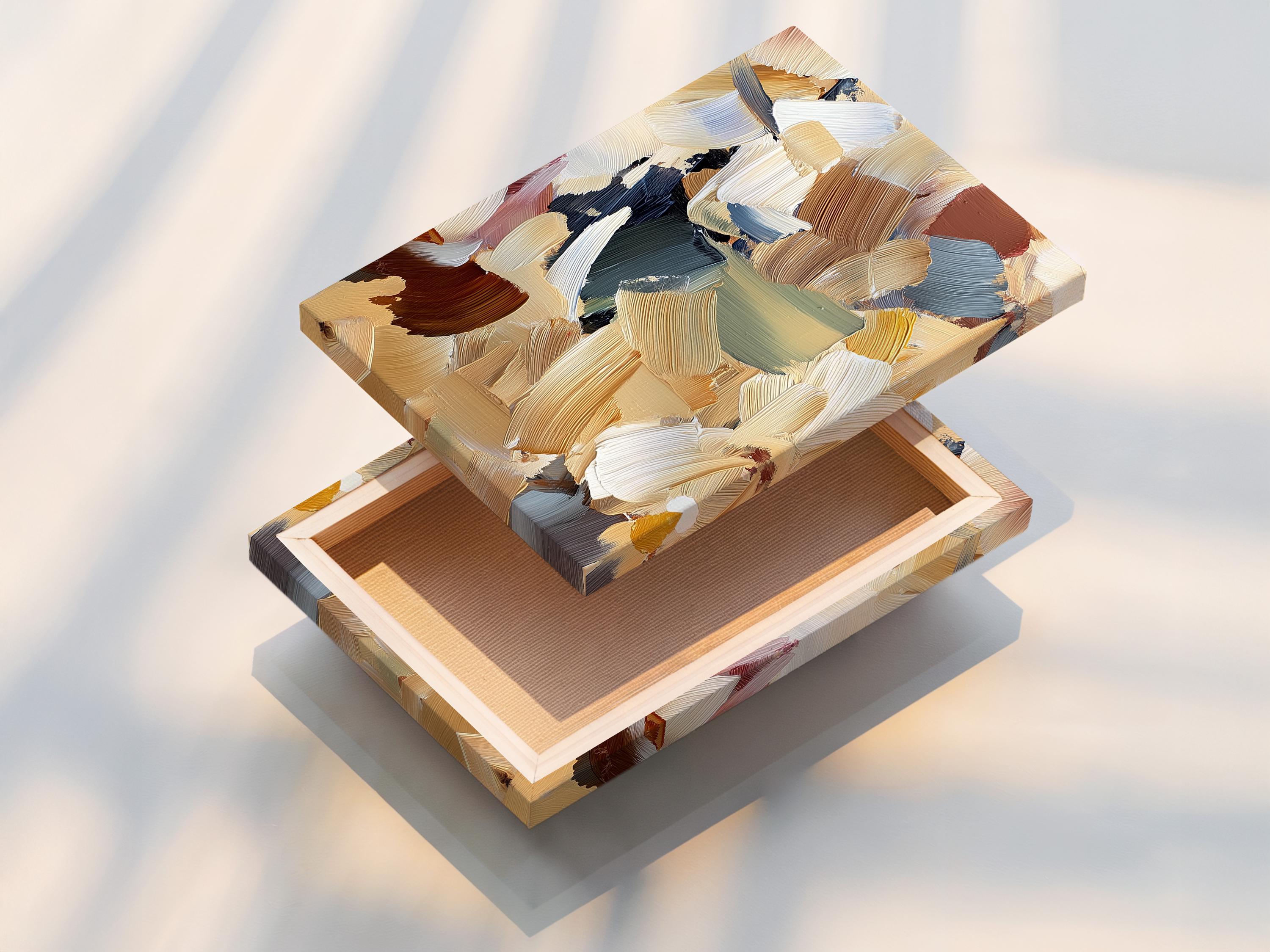 Room mockup showing an abstract beige and blue artwork in a frame with side angle thumbnails