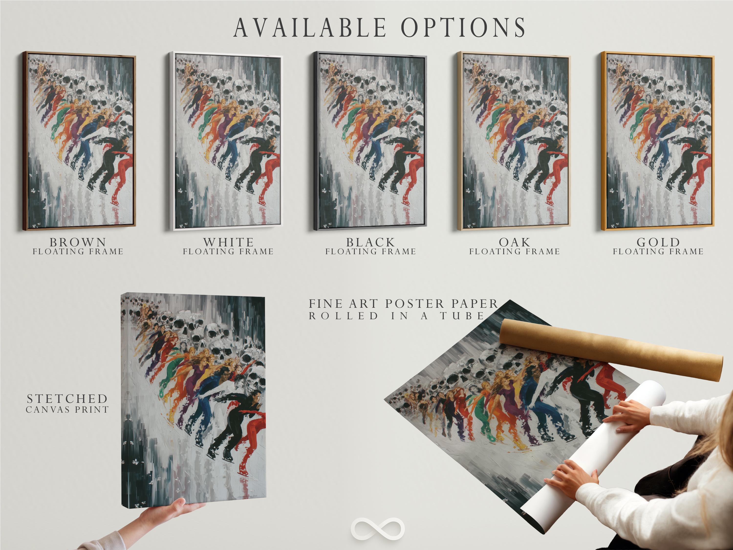 Skull skaters artwork displayed in a framed wall mockup with open background elements