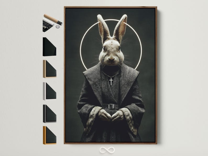 Monochrome rabbit monk portrait with a glowing halo, hooded robe, and a small cross pendant