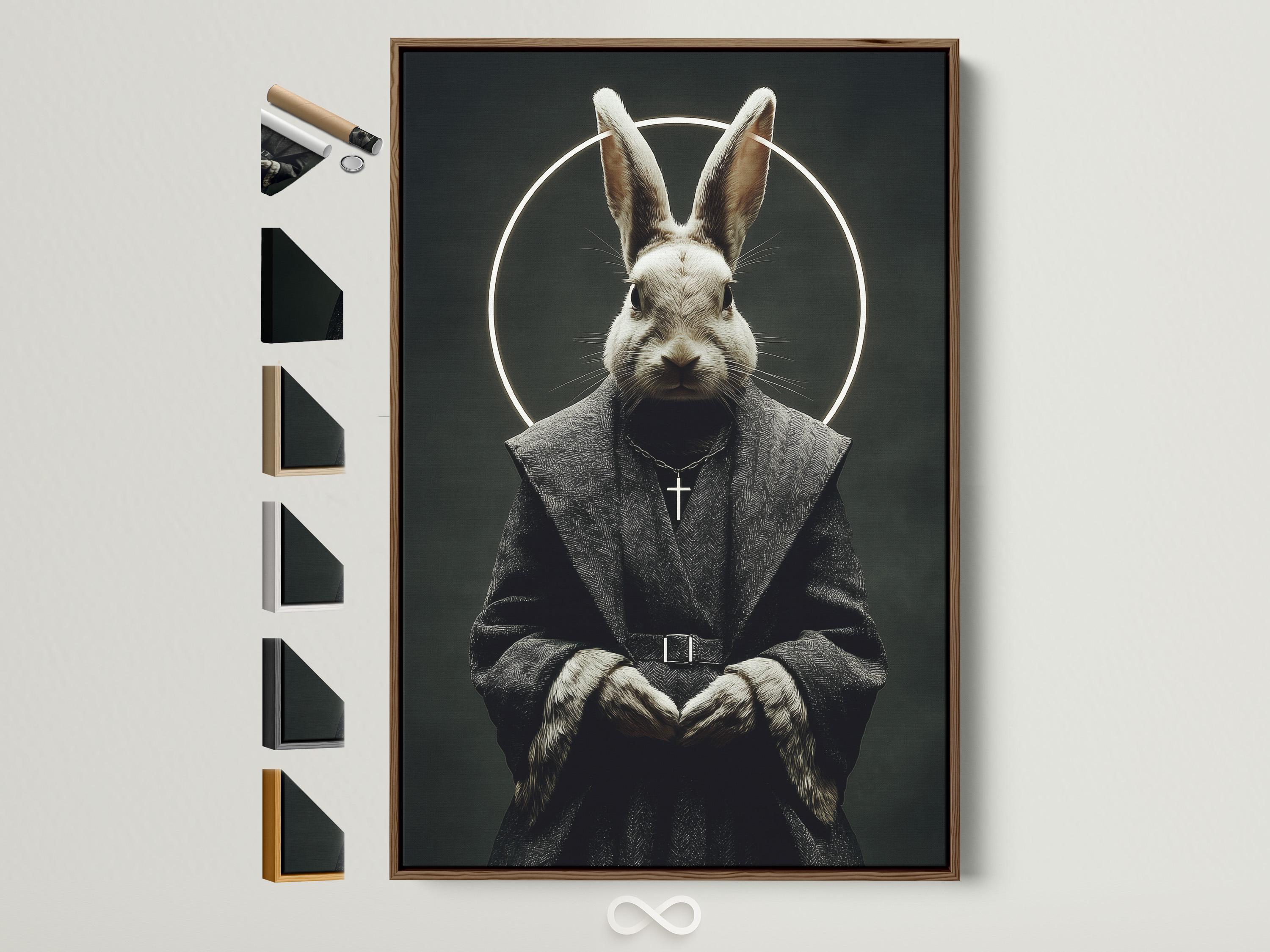 Monochrome rabbit monk portrait with a glowing halo, hooded robe, and a small cross pendant