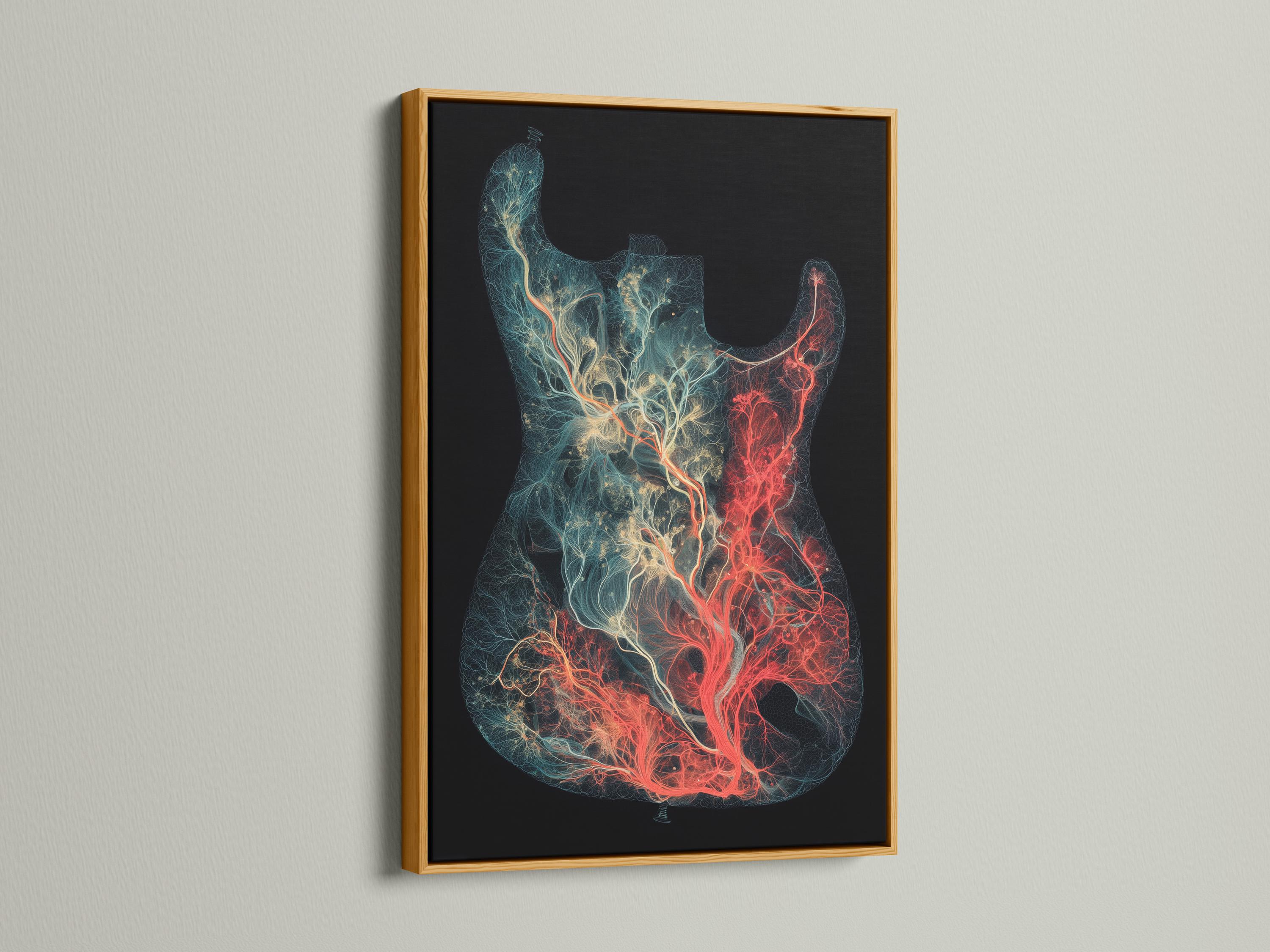 Electric guitar silhouette filled with glowing teal and red branching linework on a dark background detail view