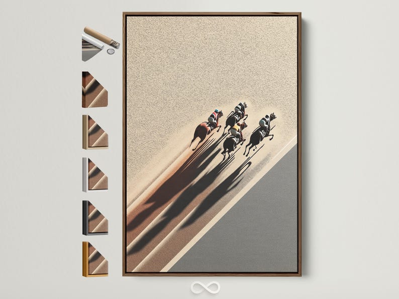 Racehorses and riders galloping along a diagonal sandy track with long dark shadows