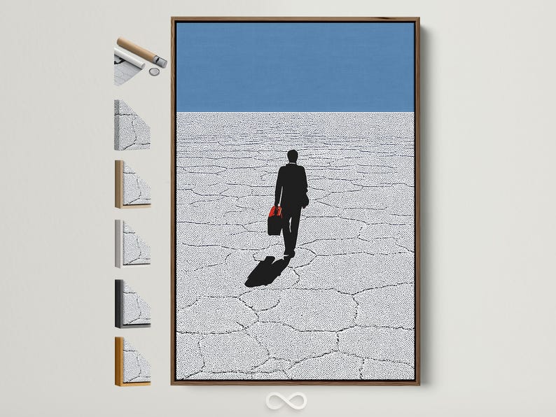 Man silhouette in a suit walking across a blue and white dotted background with a red bag accent