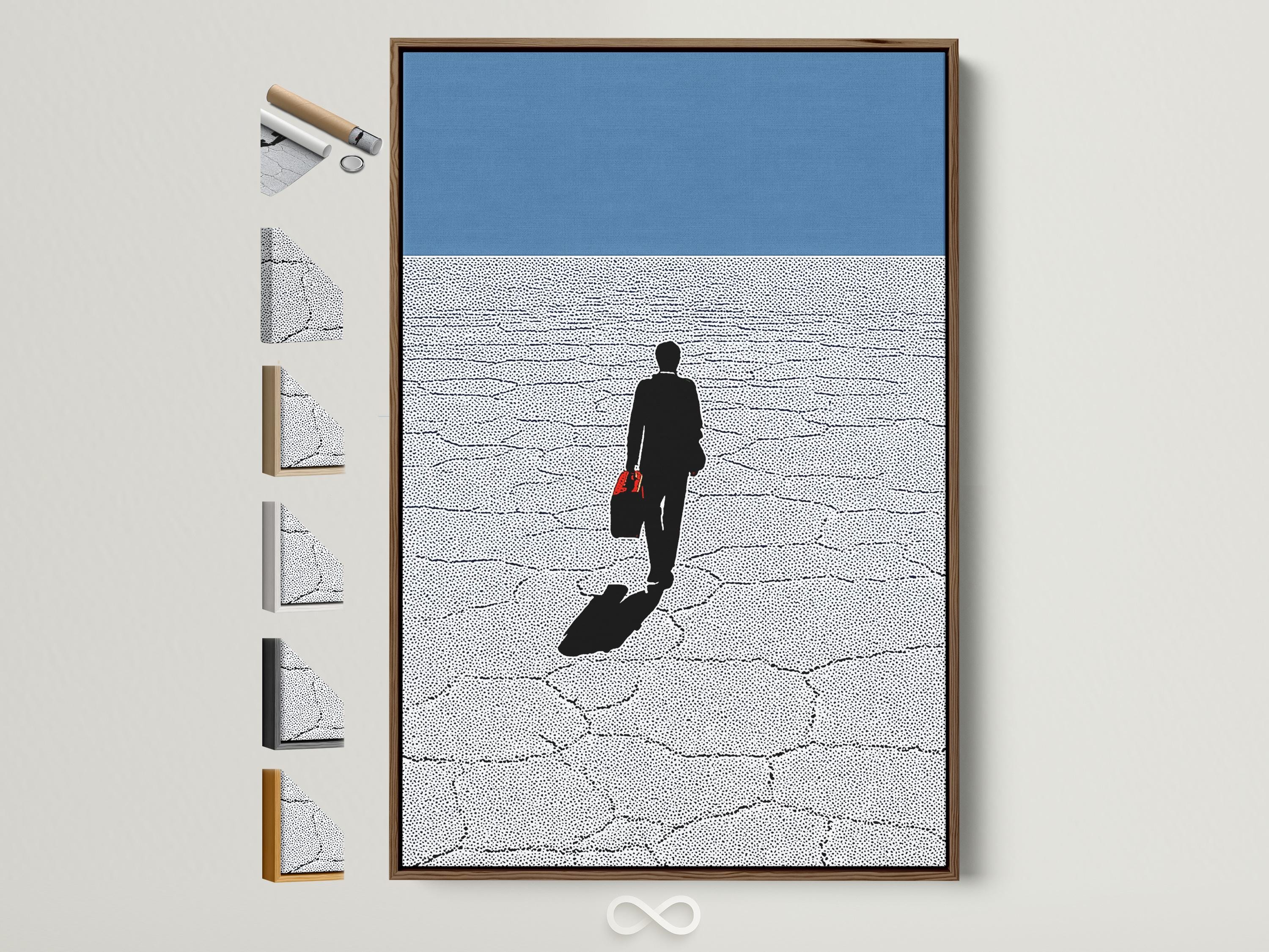 Man silhouette in a suit walking across a blue and white dotted background with a red bag accent