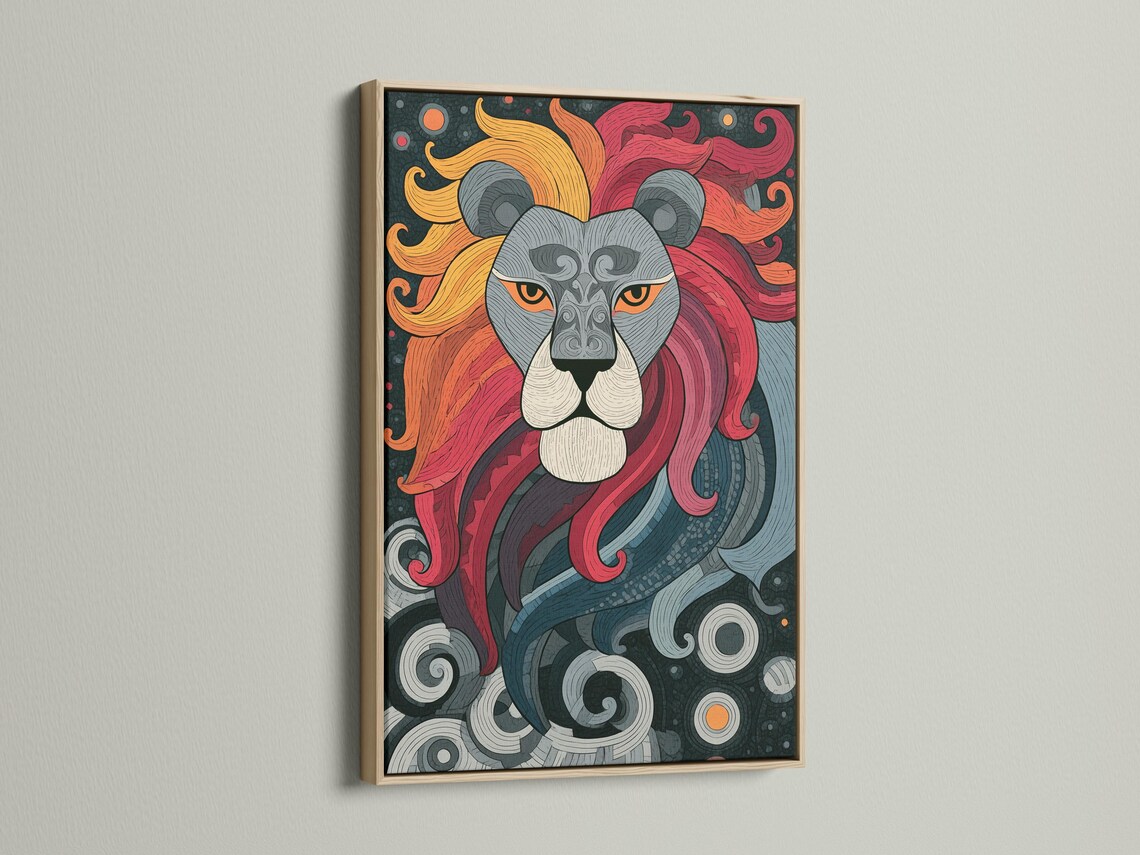 Lion portrait artwork shown in a framed mockup display