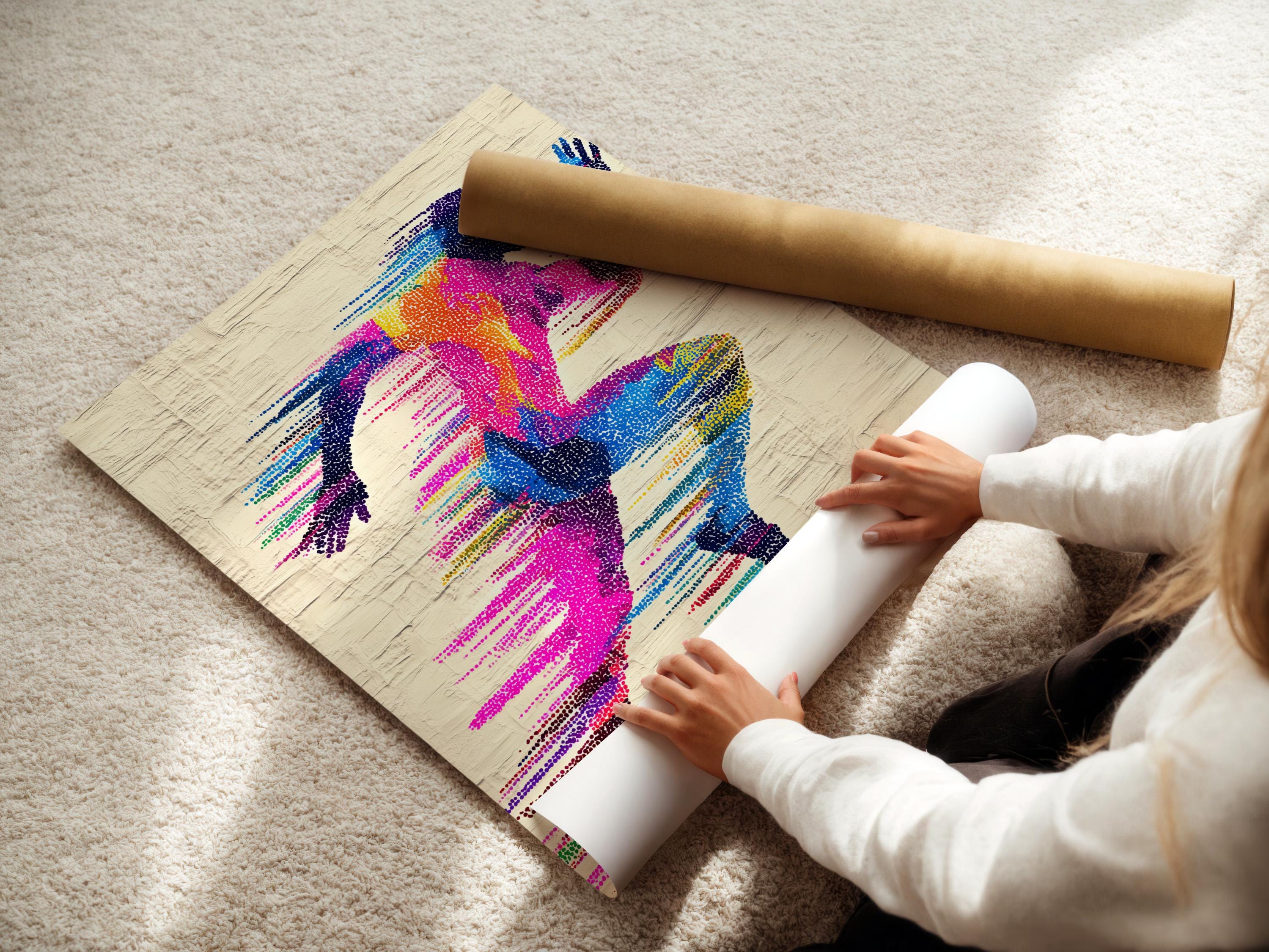 A colour-dotted silhouette of a runner stretches across a textured off-white background, with flowing striped motion lines in bright magenta, blue