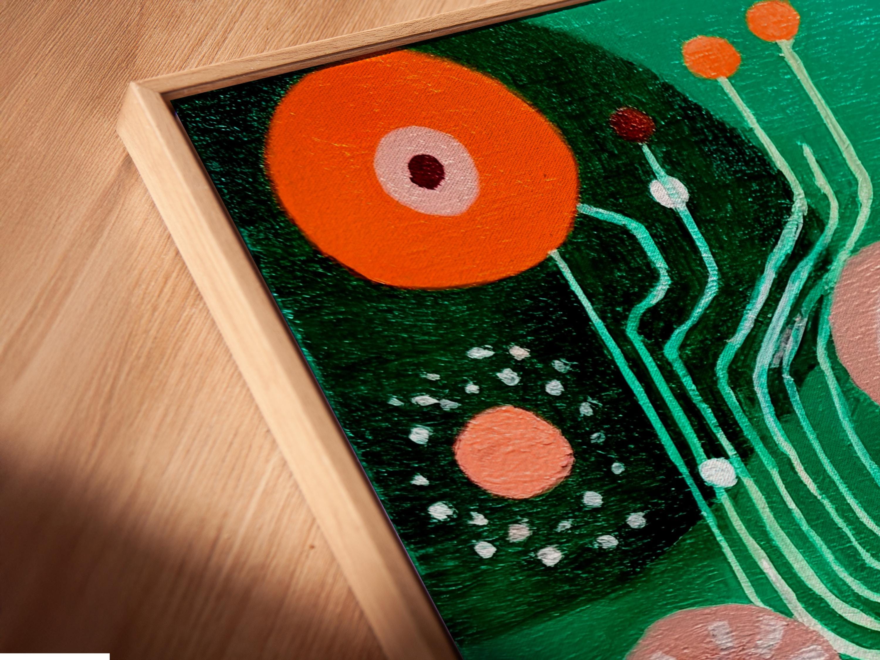 Green abstract artwork with orange and maroon circles, teal curved lines and dotted accents detail view