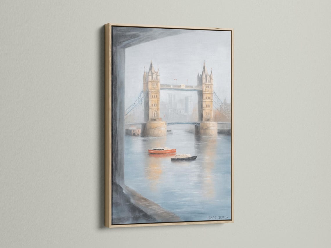 Painterly bridge over calm river with two boats, tower-like buildings and misty sky detail view
