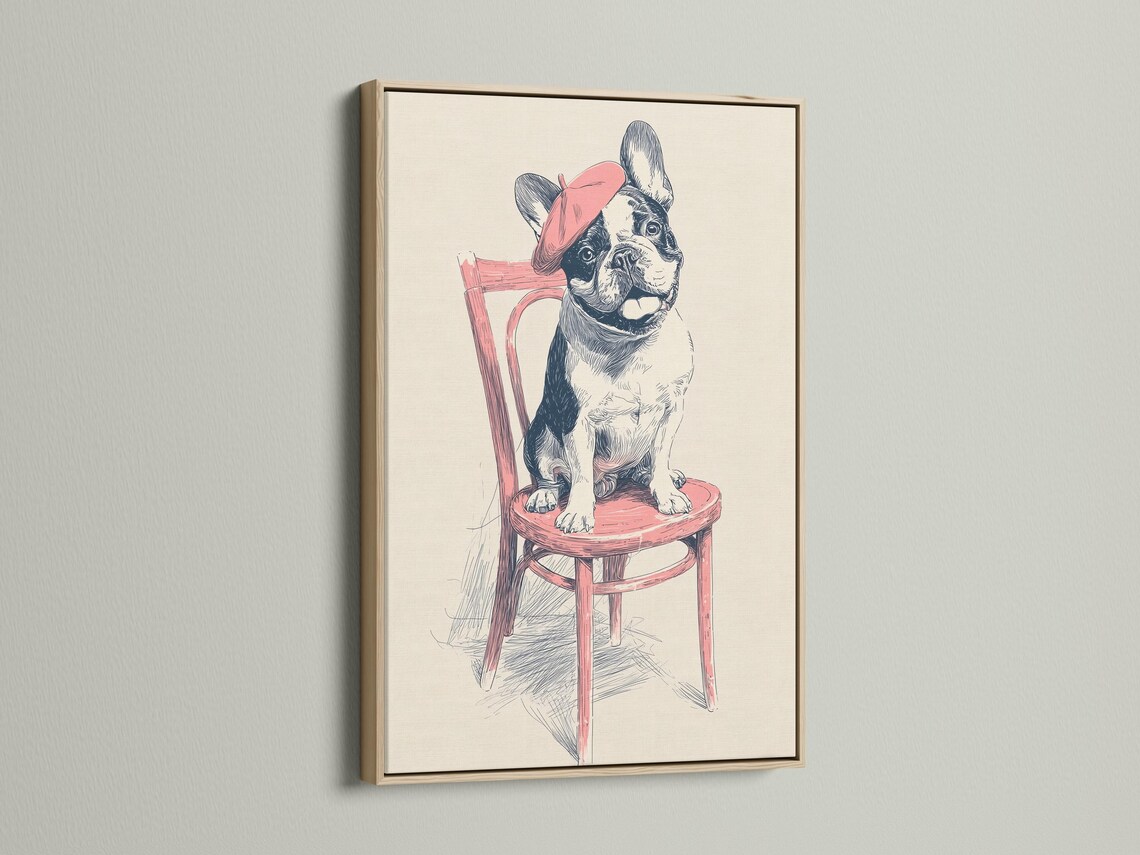 Seated dog wearing a pink beret and sitting on a pink stool, drawn with ink sketch lines detail view