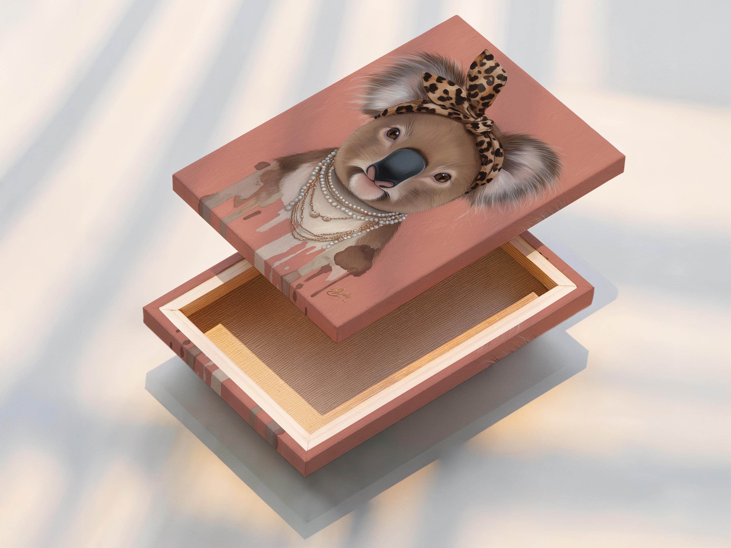Koala portrait with leopard headband and pearl necklace on a dusty pink background detail view