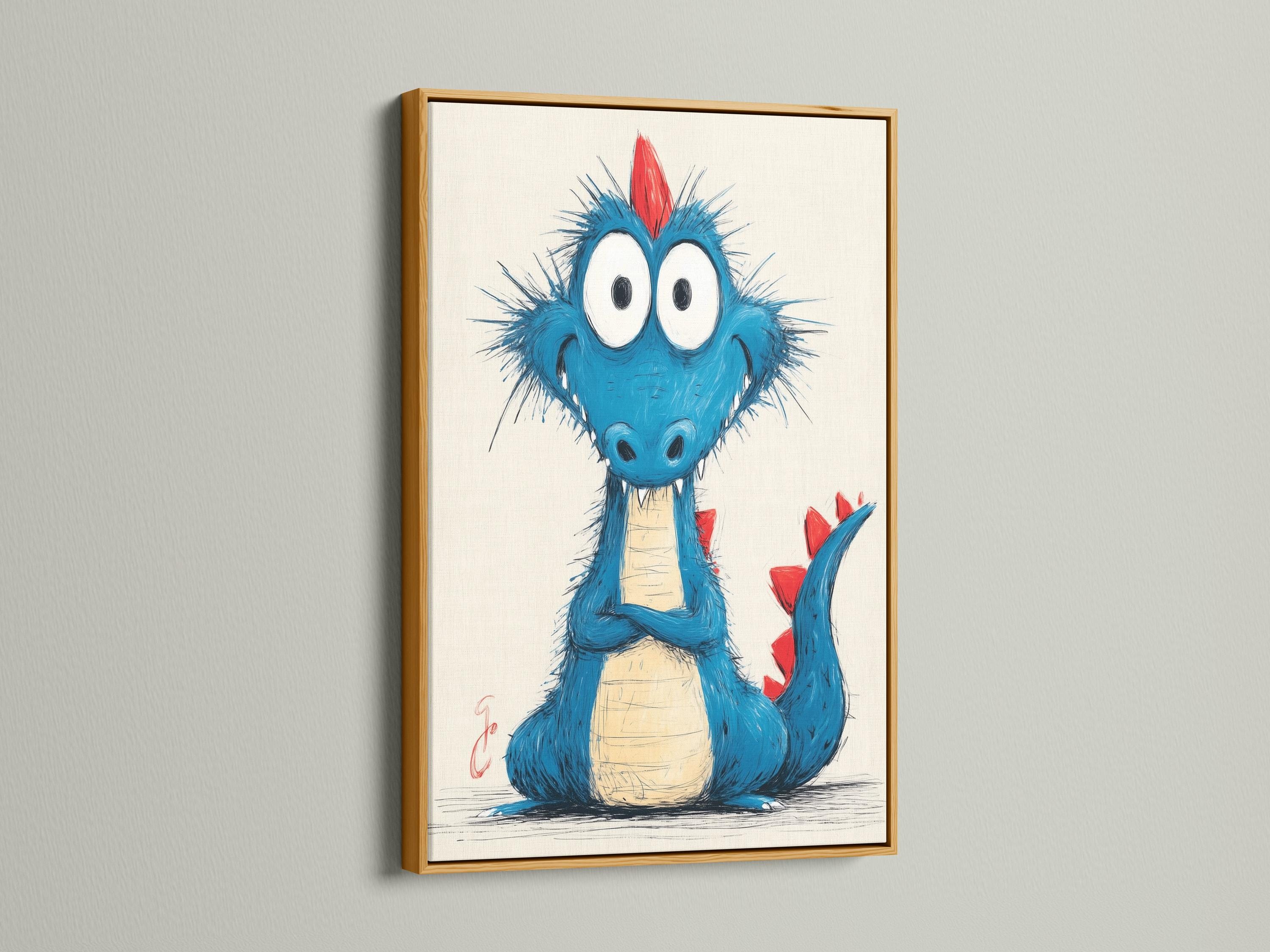 Room mockup showing a framed cartoon blue dragon artwork