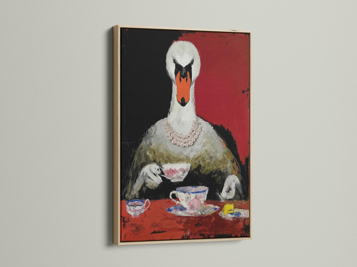 Stylised swan portrait in red and black with a pearl-like necklace detail view