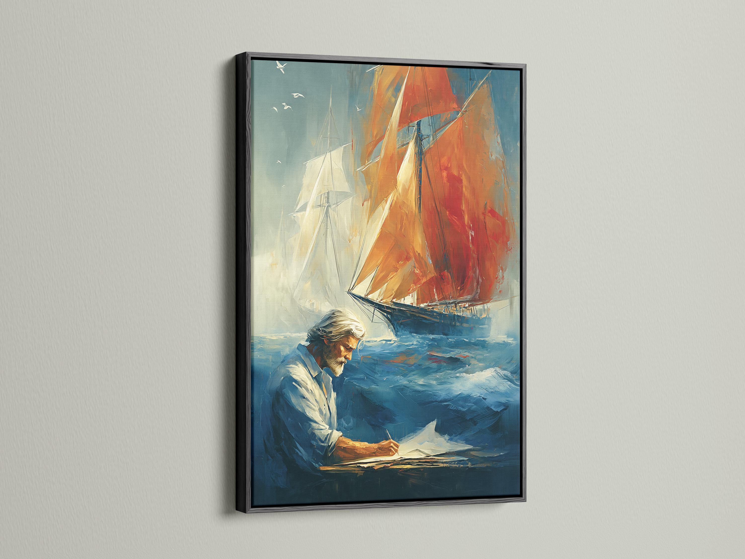 Painterly sailboat maritime scene with a red-orange sail and a man writing detail view