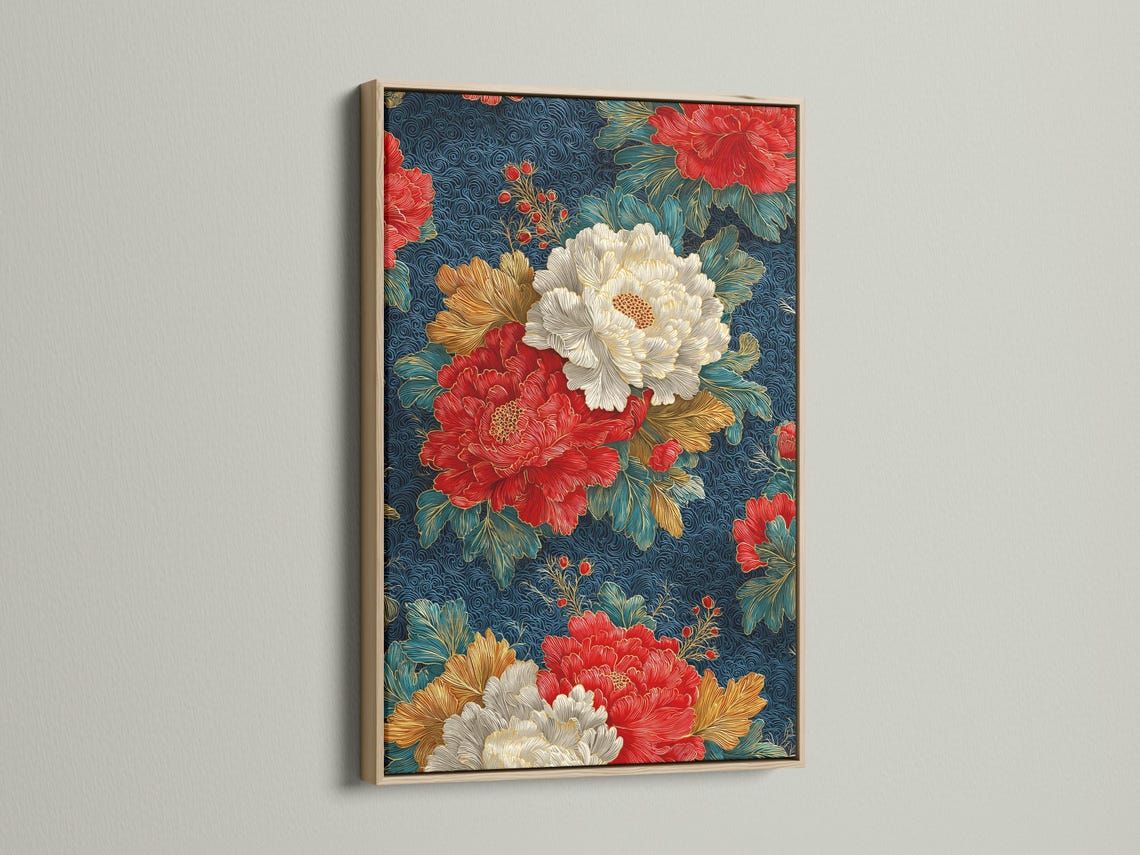 Peony floral artwork displayed in a frame over a light background, with alternate frame options shown