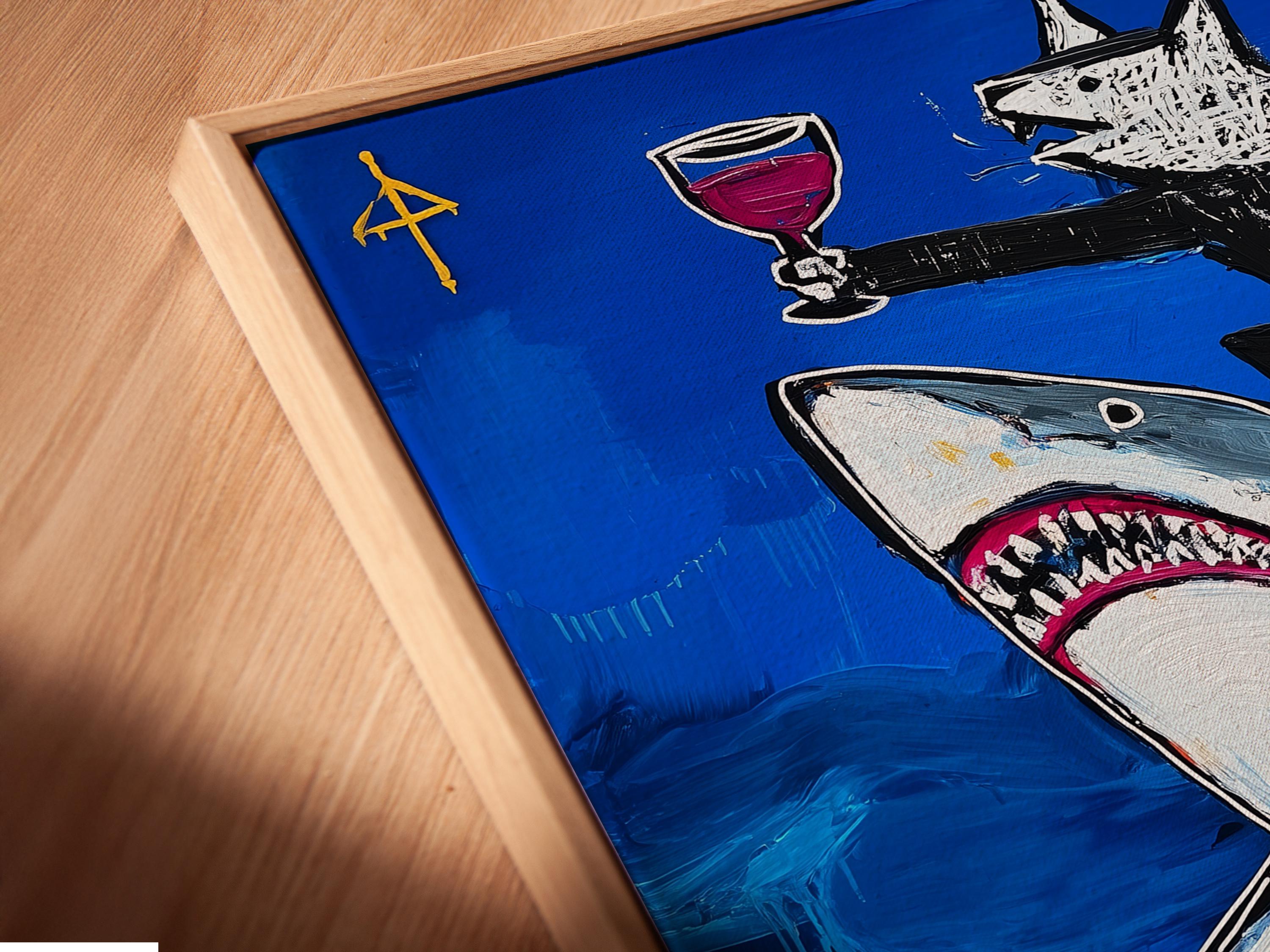 Stylised shark swimming in deep blue ocean with a wolf and trophy goblets detail view