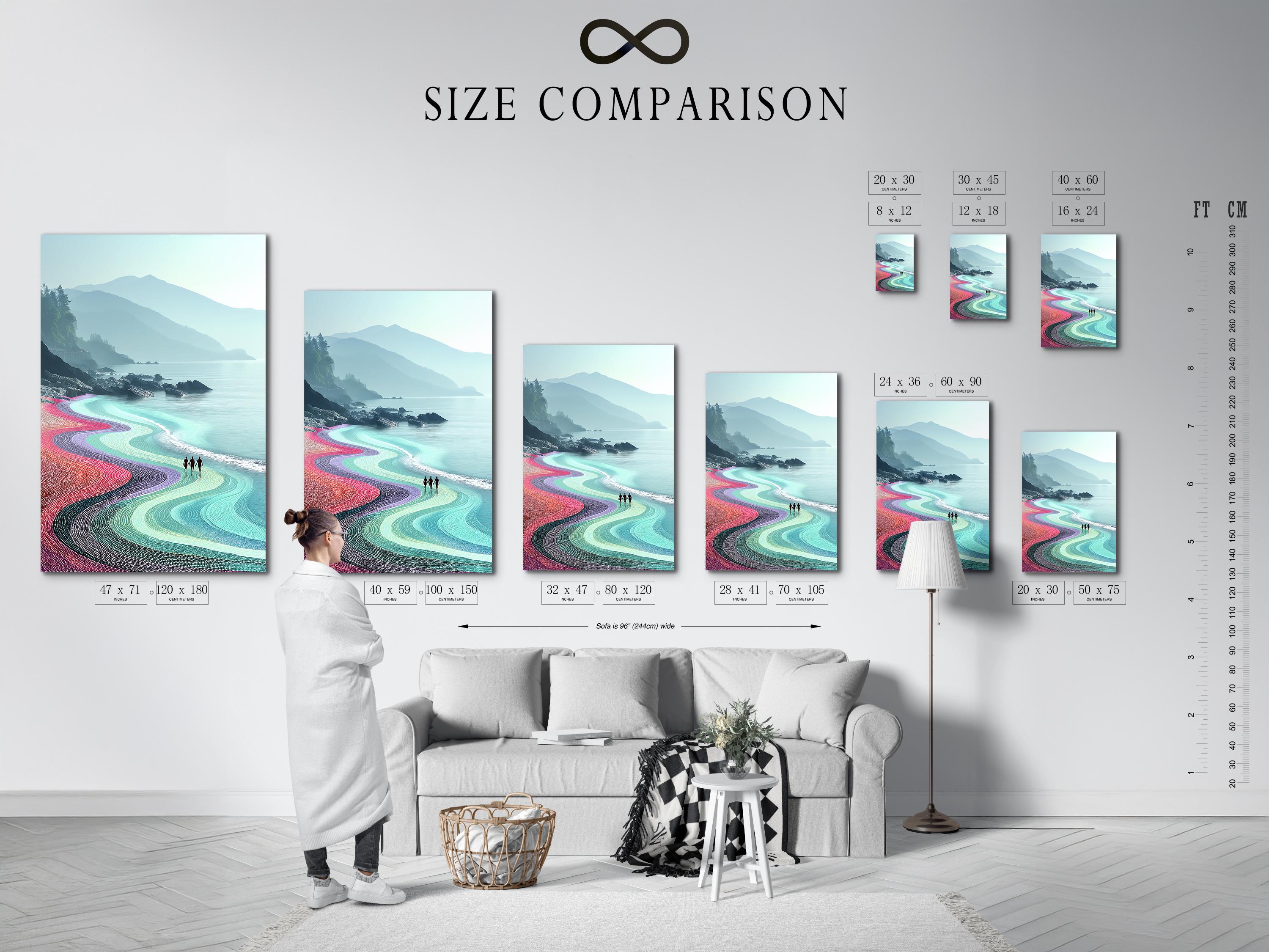 Colourful coastal seascape with turquoise ocean, winding dotted beach and misty hills detail view
