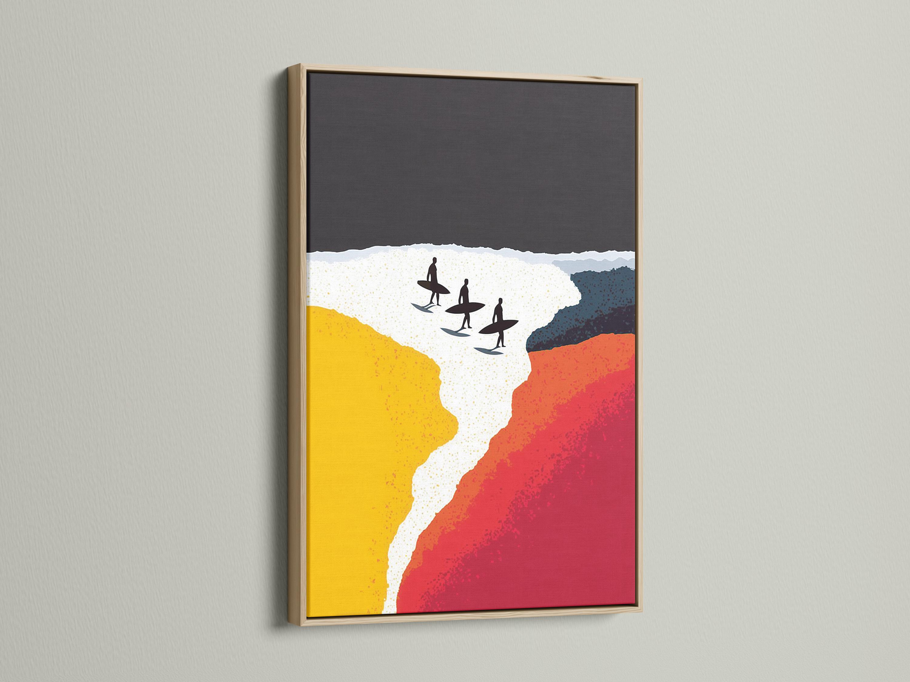 Stylised beach scene with red and yellow colour blocks, white sand and three black surfers on surfboards detail view