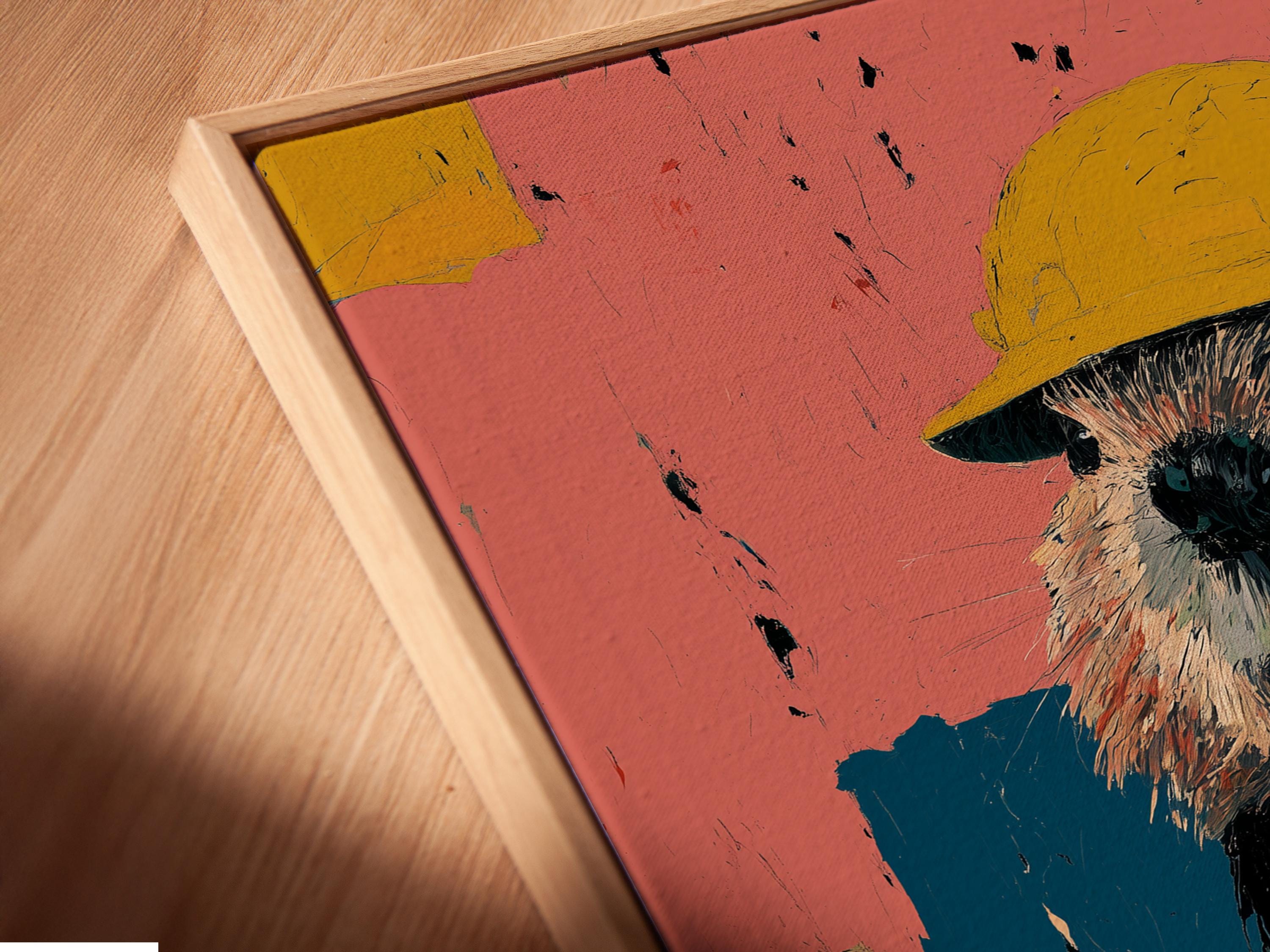 A person near a table installing a framed artwork featuring a beaver with a yellow hard hat