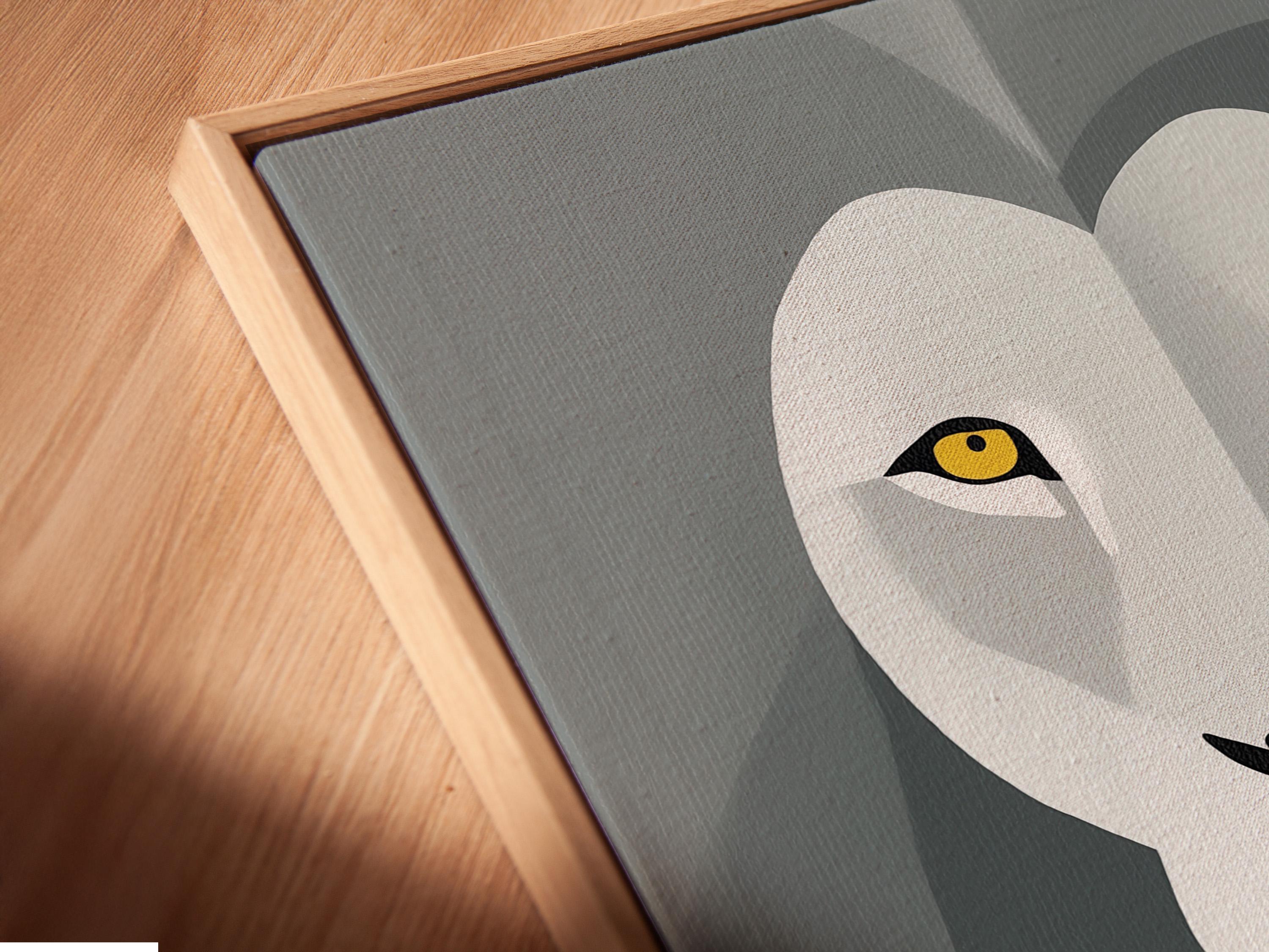 Geometric lion face artwork in grey and white with yellow and red eye accents detail view