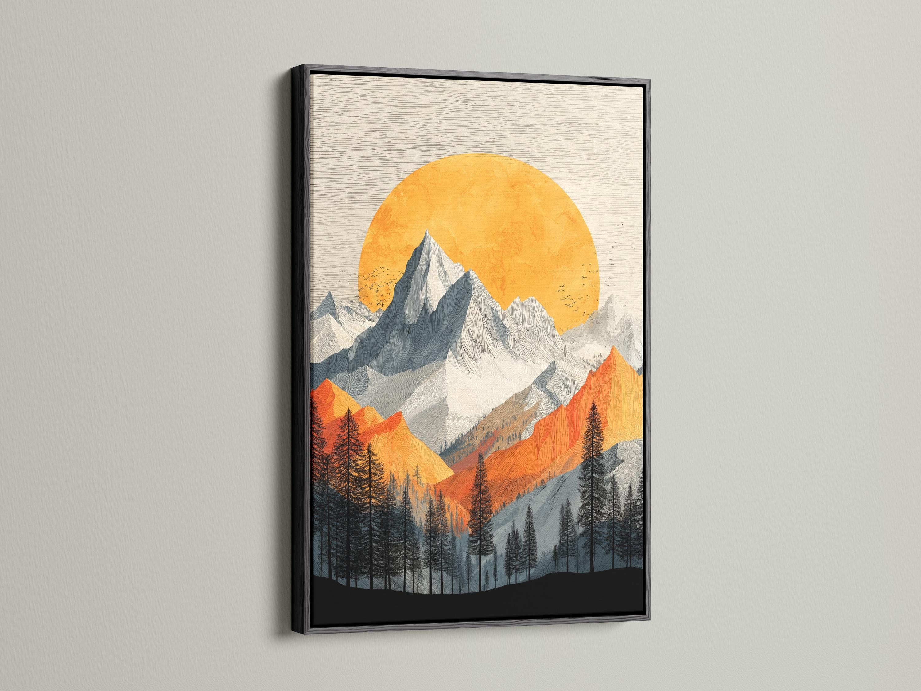 Stylised alpine mountain landscape with a large orange sun and pine tree silhouettes detail view