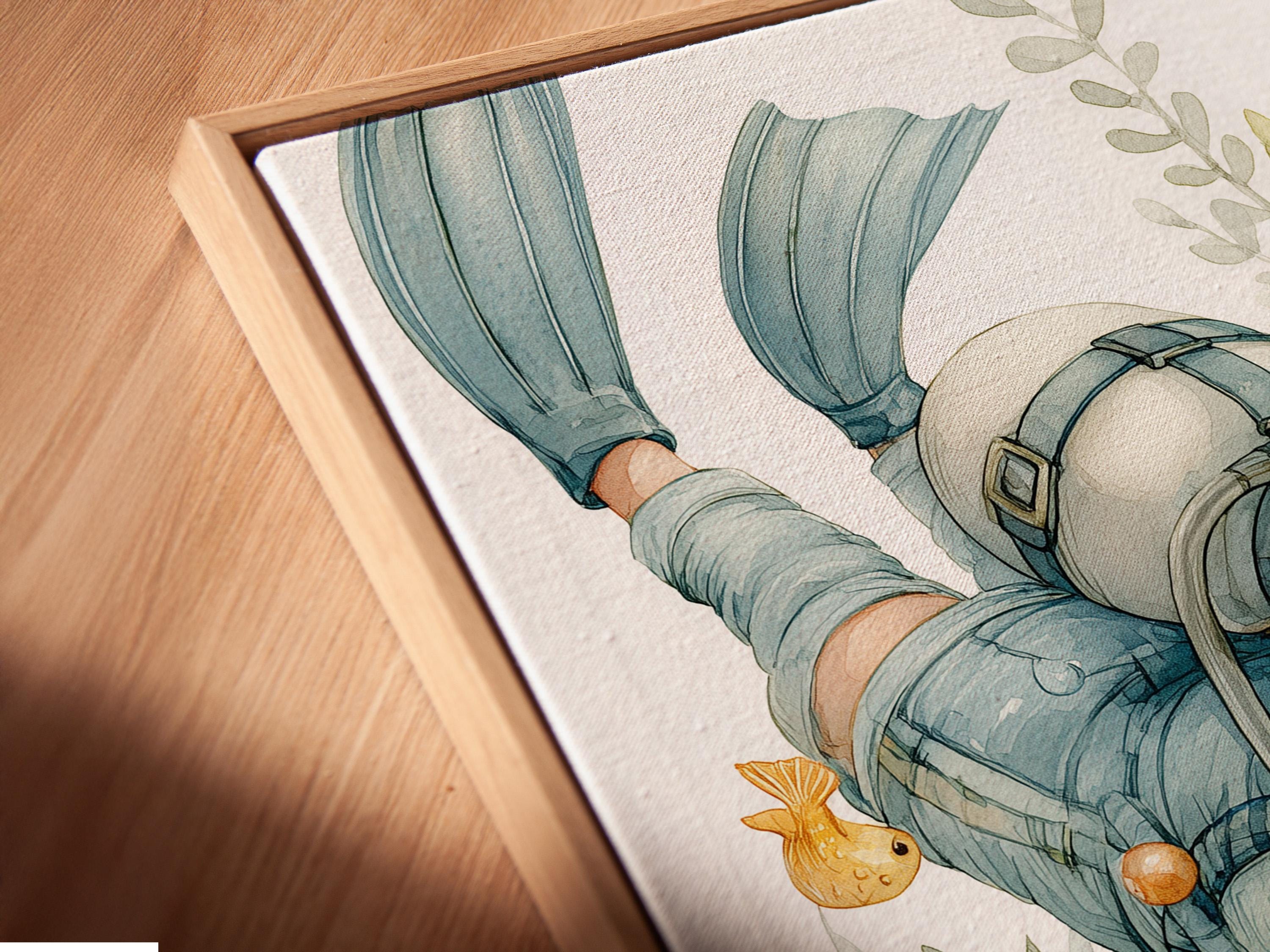 Mockup showing a framed underwater diver illustration with fish and coral