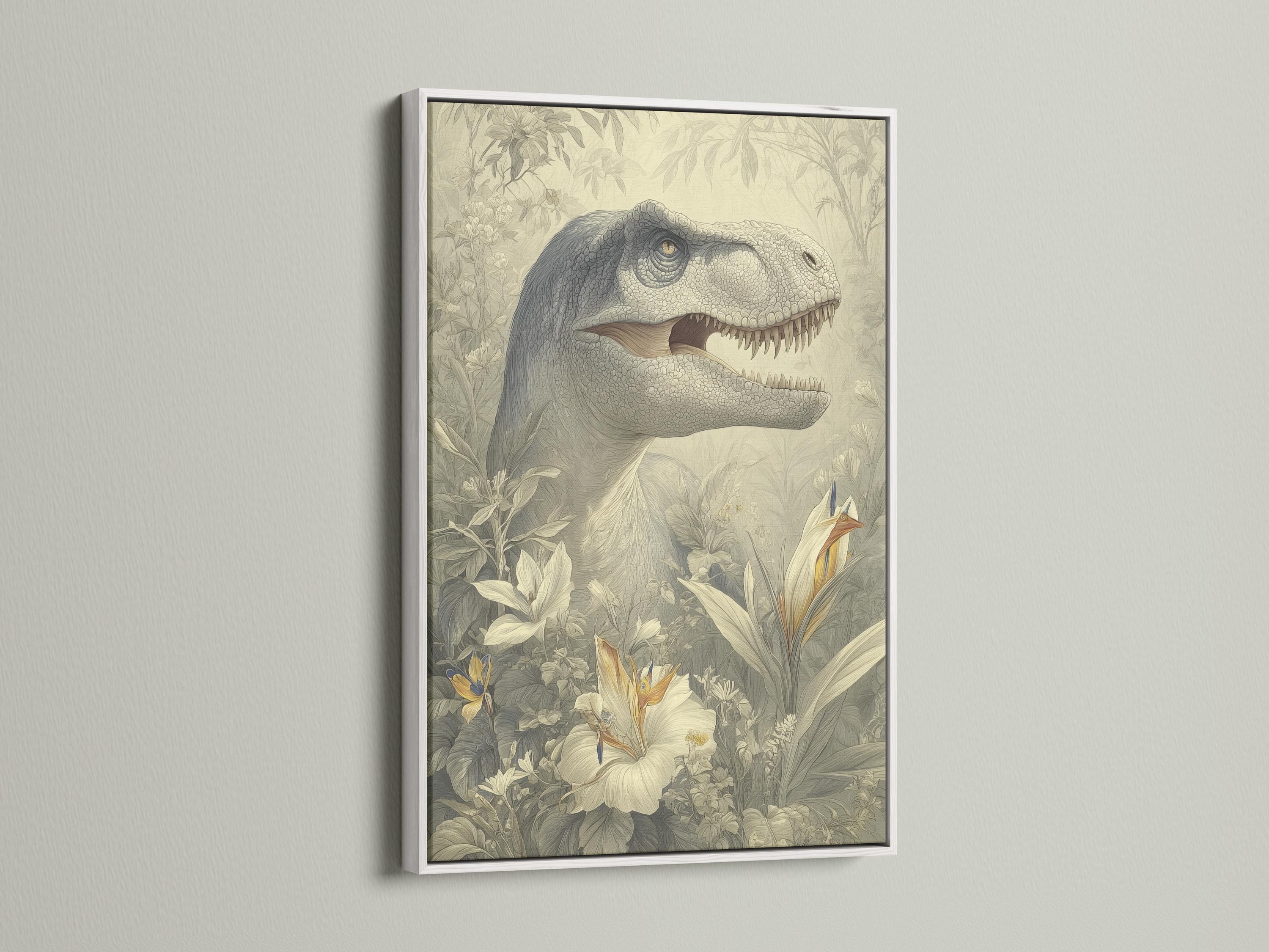 Woman standing in a room next to a framed dinosaur and botanical illustration on the wall