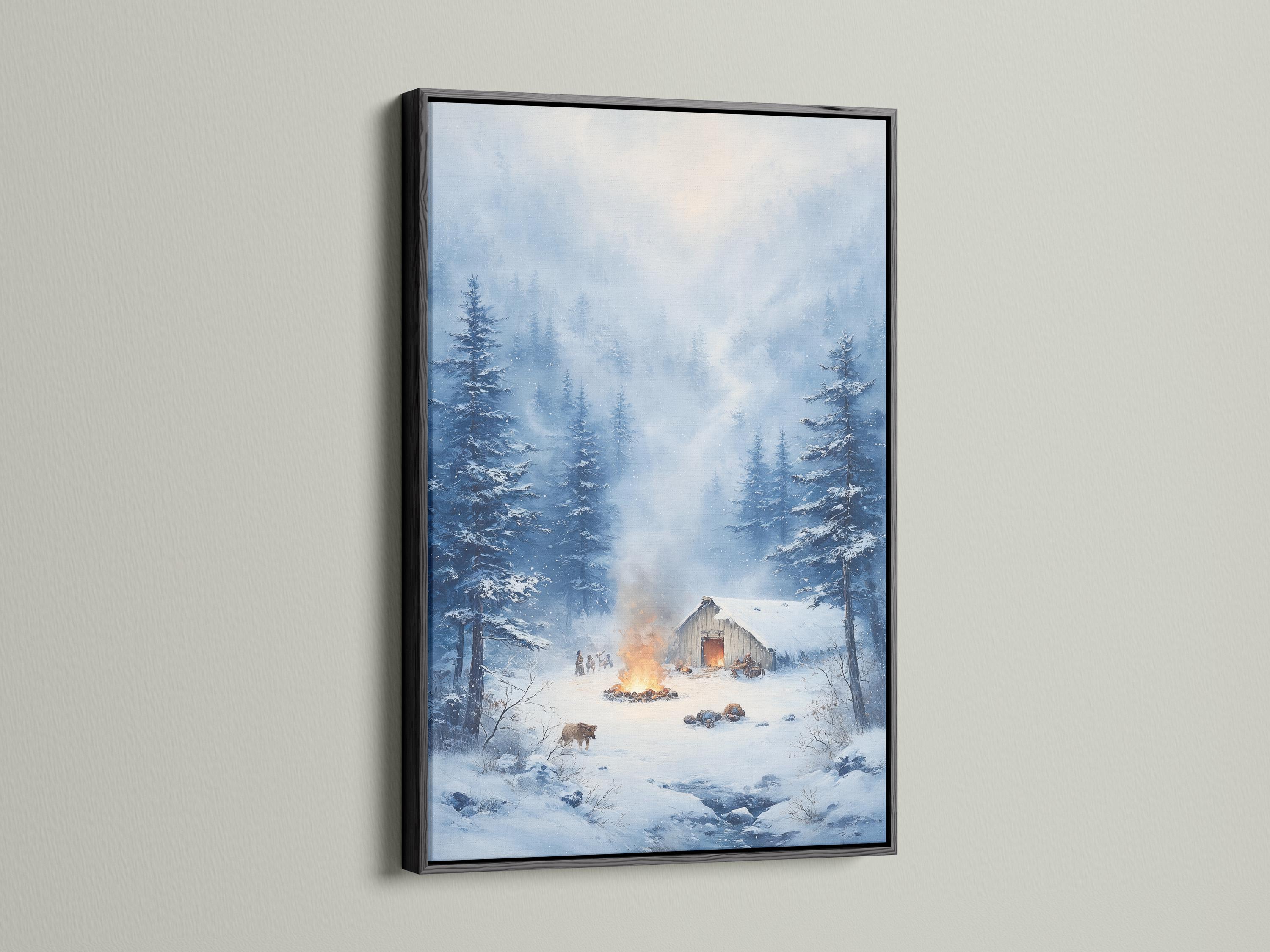 Snowy winter forest scene with a cabin and warm firelight among tall trees detail view