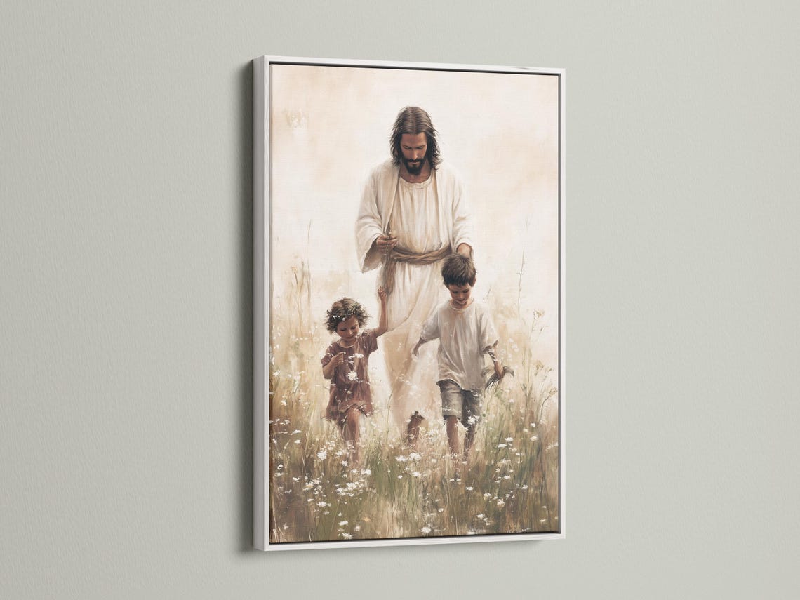 Jesus in pale robes with two children in a grassy field with scattered white blossoms detail view