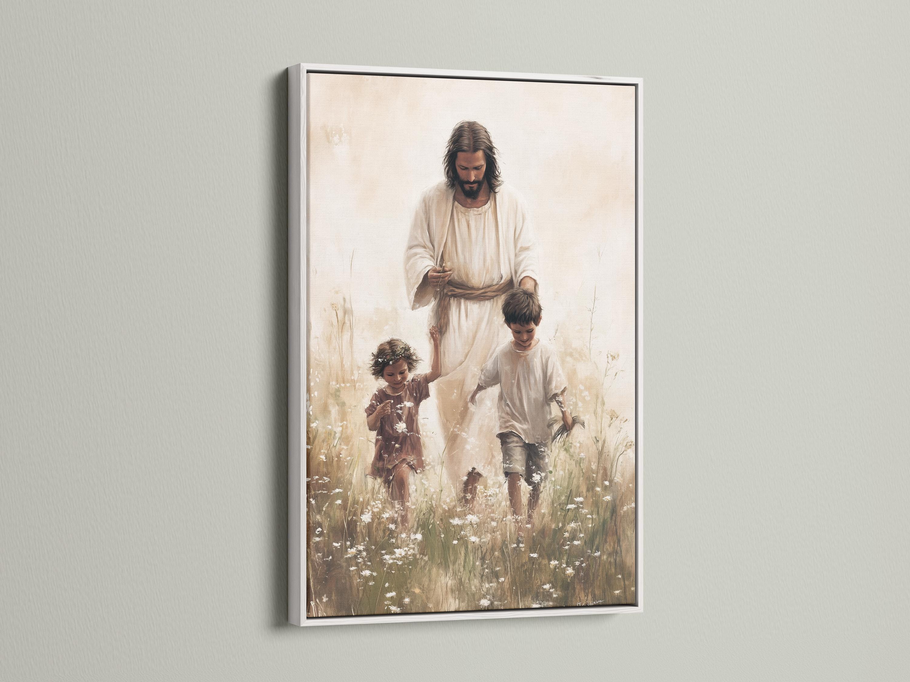 Jesus in pale robes with two children in a grassy field with scattered white blossoms detail view