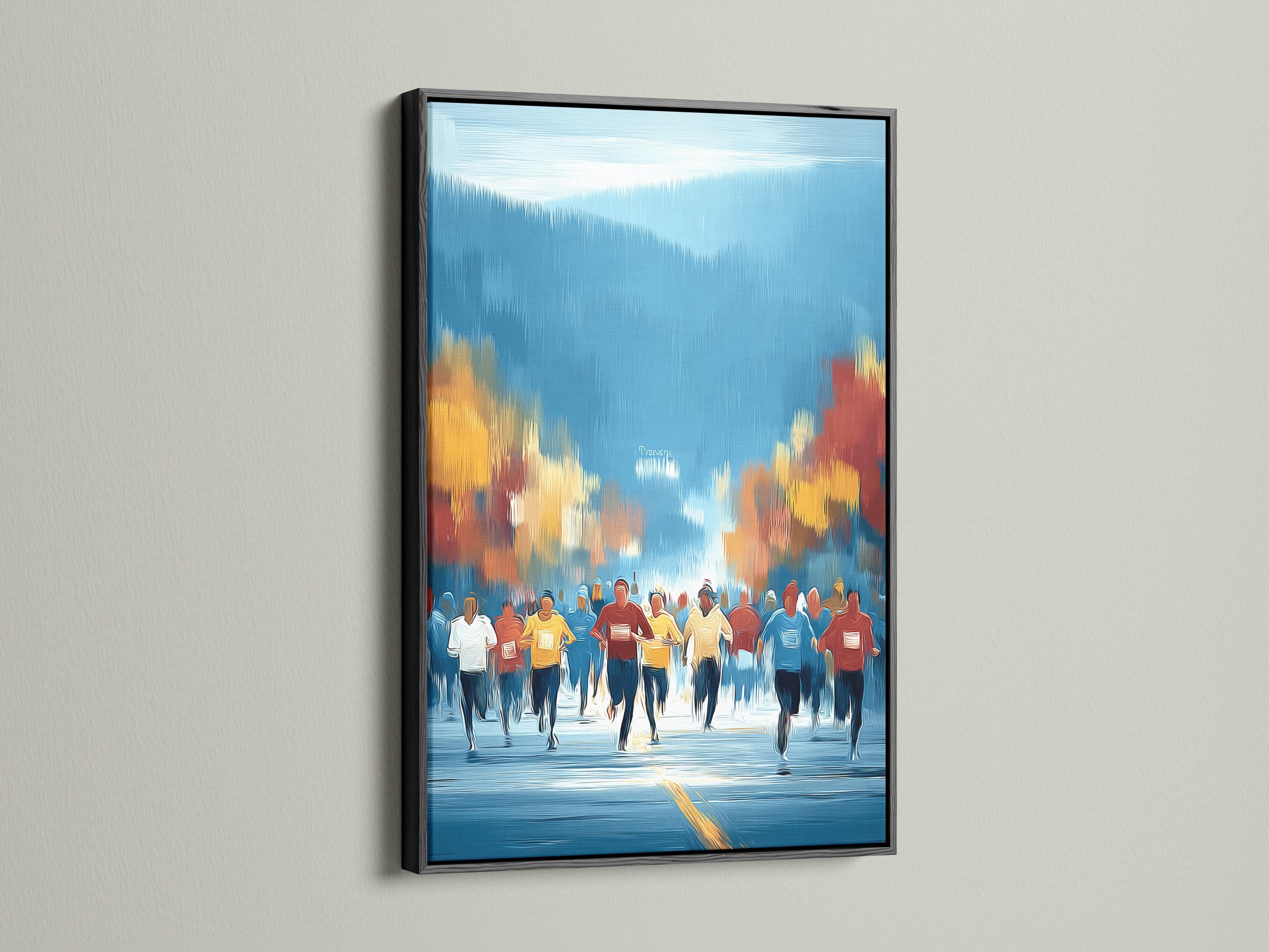 Stylised painting of runners in blue with warm gold horizon light and reflective foreground detail view