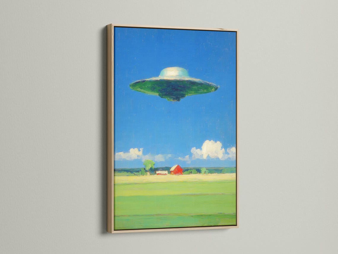 A retro sci‑fi landscape with a green flying saucer above a lime-green field and a red barn detail view