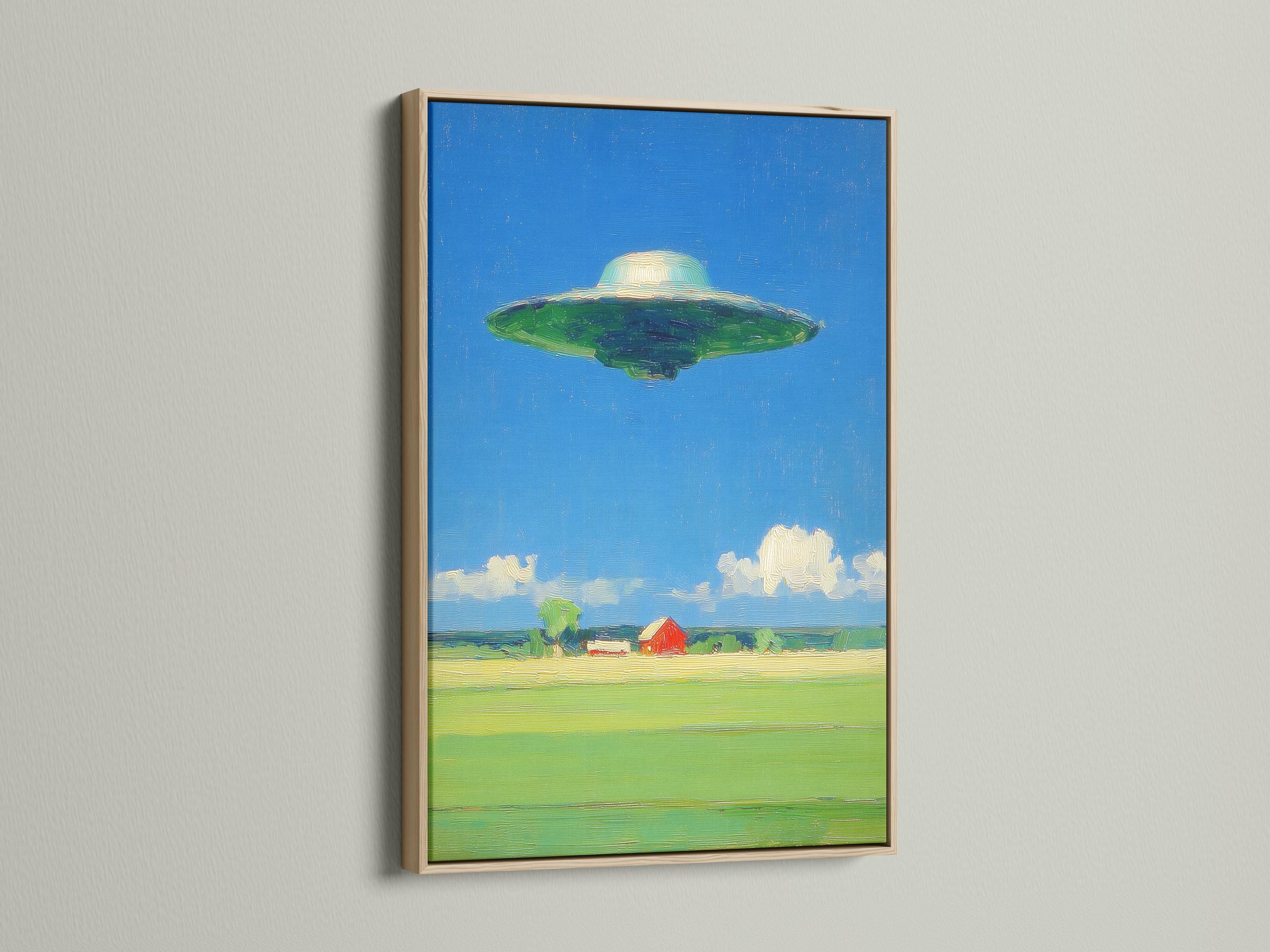 A retro sci‑fi landscape with a green flying saucer above a lime-green field and a red barn detail view