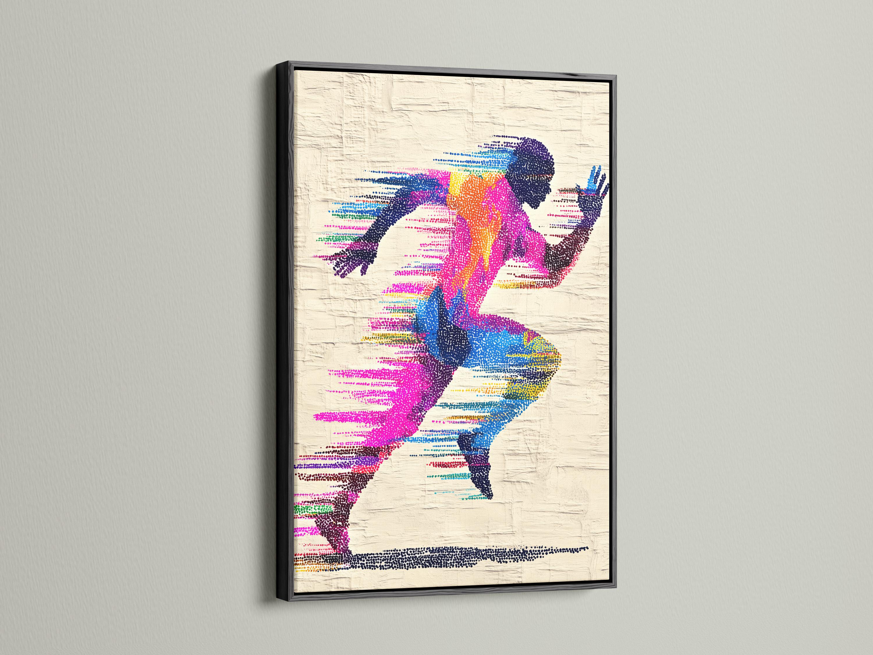 A colour-dotted silhouette of a runner stretches across a textured off-white background, with flowing striped motion lines in bright magenta, blue