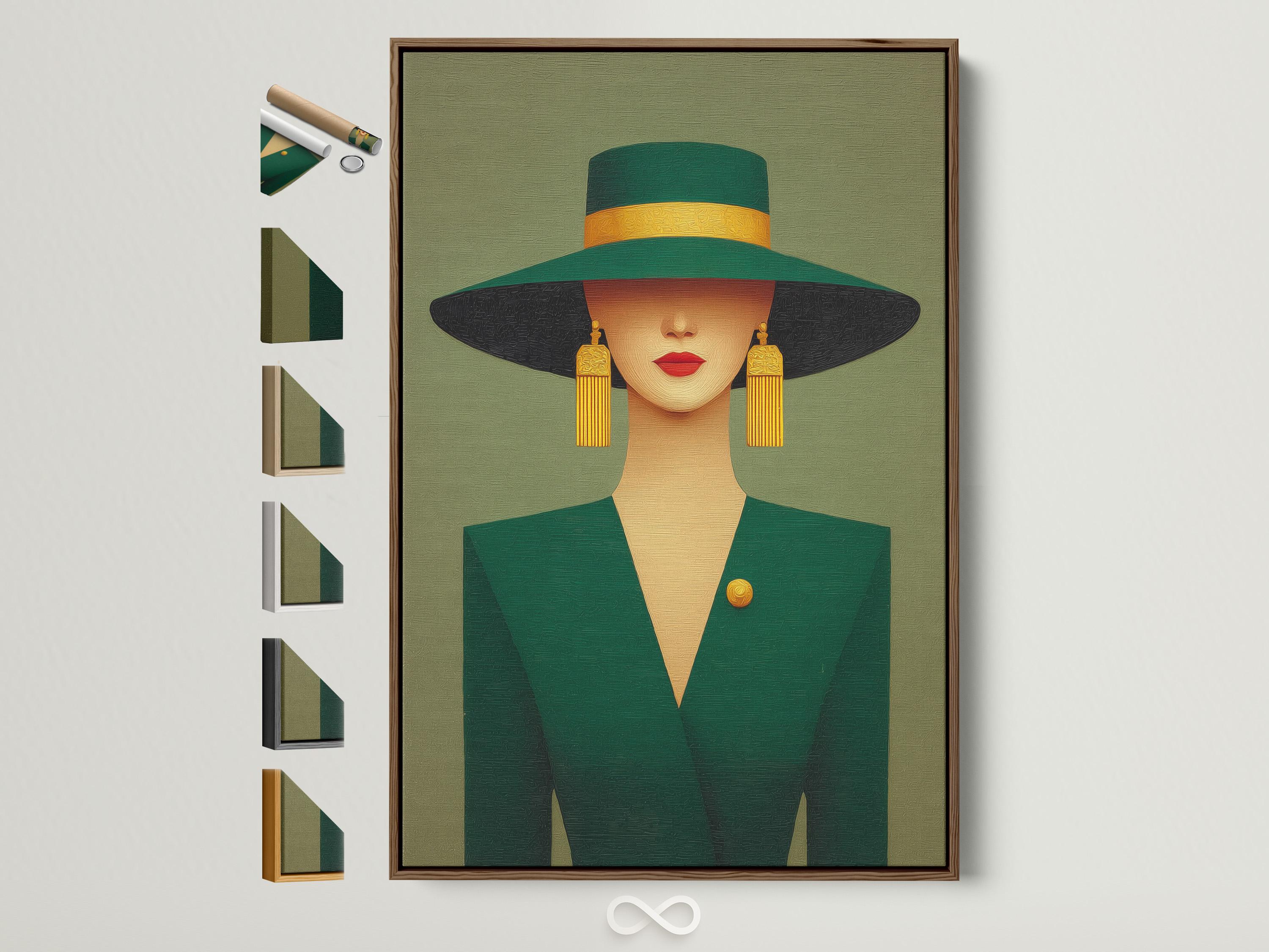 A stylised portrait of an elegant woman in a wide-brim hat, shown against a muted green background with gold accents and Art Deco-inspired shapes